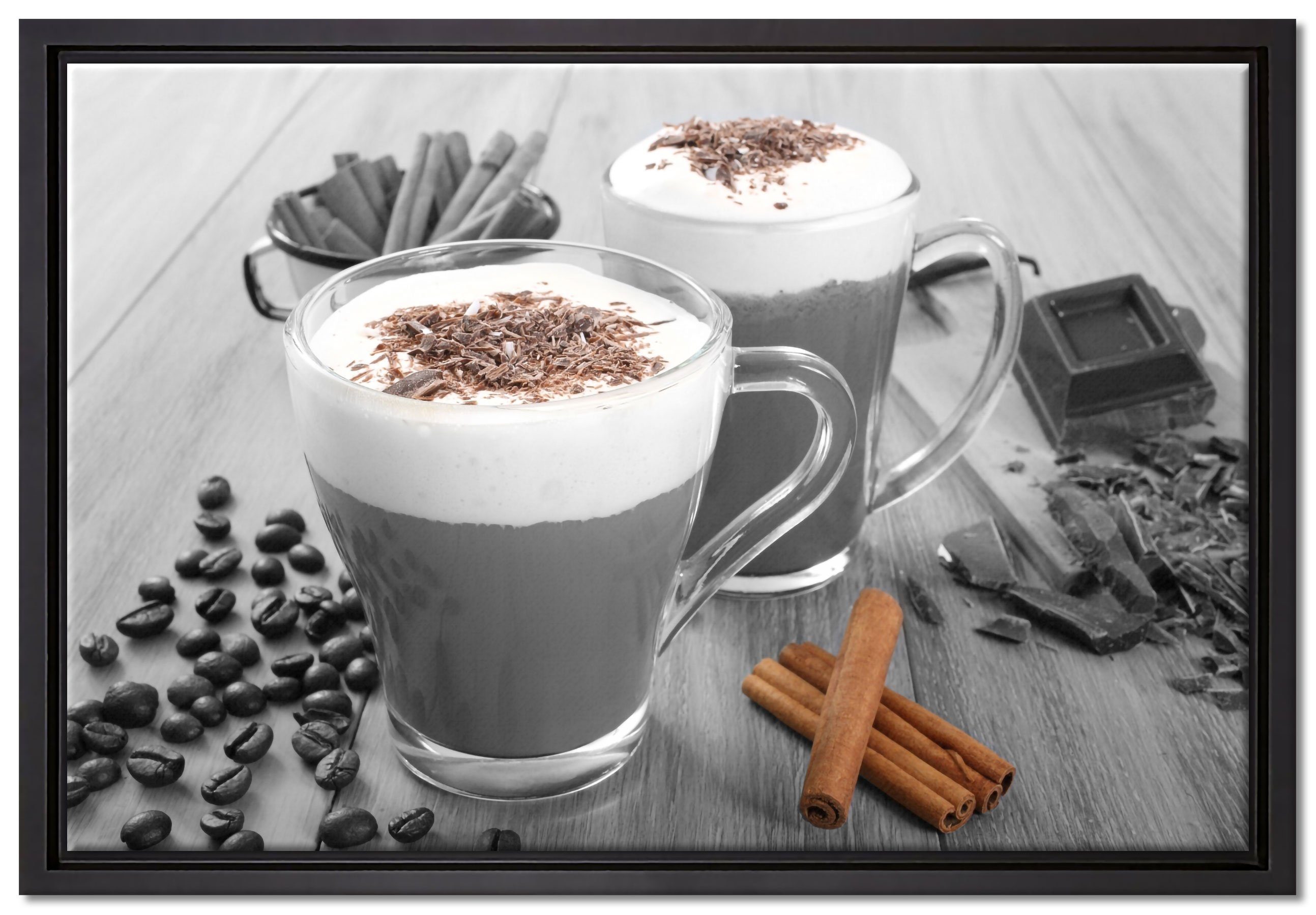 Pixxprint Leinwandbild heiße Schokolade und Kaffee, Wanddekoration (1 St), Leinwandbild fertig bespannt, in einem Schattenfugen-Bilderrahmen gefasst, inkl. Zackenaufhänger