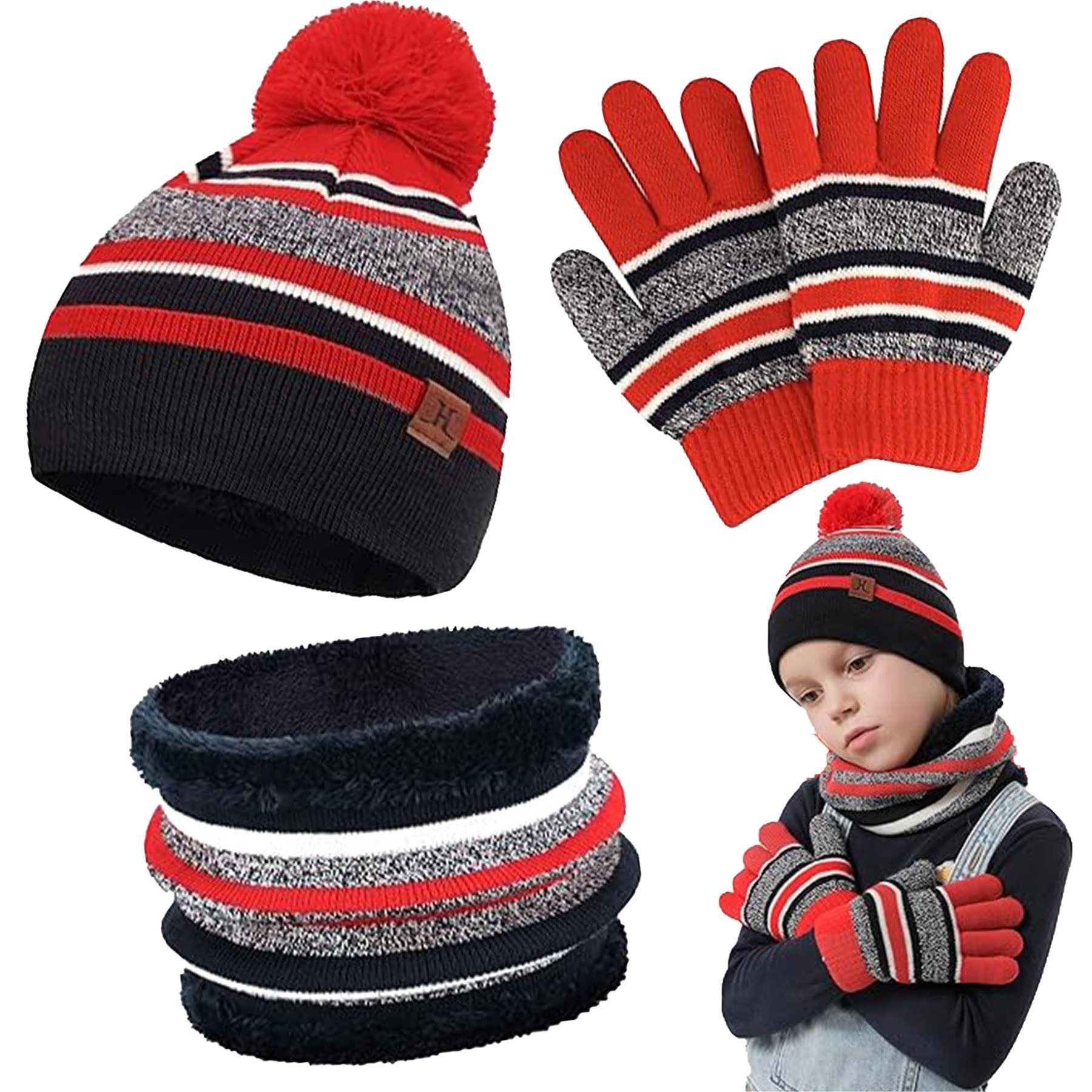 Mutig Mütze & Schal Winter Mütze Kinder Loop Schal Handschuhe 3-Set,Warm Bommelmütze (Winter Strickmütze, mit Plüsch Innenfutter für 3-6 Jahre Kleinkinder, Das Winter-Warmhalteset besteht aus Mütze, Handschuhen und Schal) Das Innere besteht aus weichem Fleece-Stoff, Wind effektiv abhalten