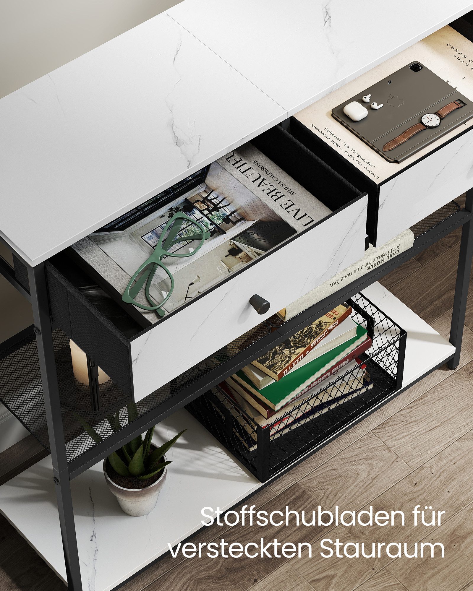 VASAGLE Konsolentisch Konsolentisch schmal, Flurtisch, Beistelltisch mit 2 Stoffschubladen, für Flur, Wohnzimmer, 24 x 76 x 80 cm