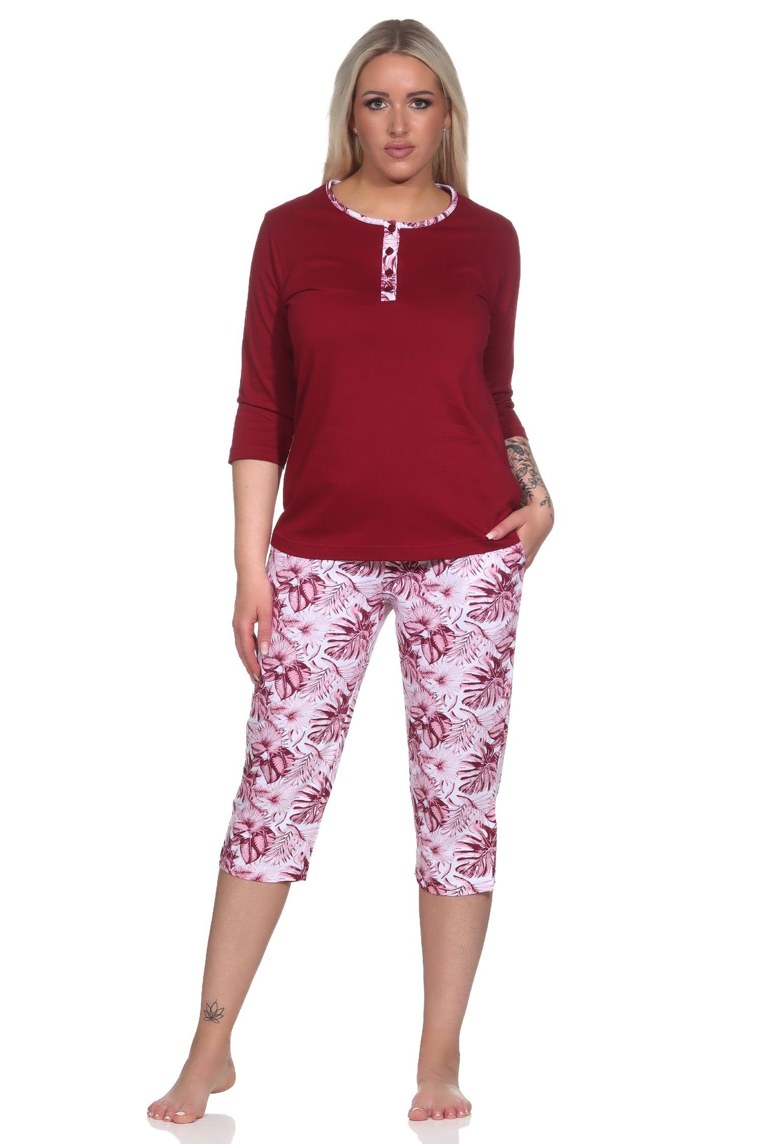 Normann Pyjama Wunderbarer Damen kurzarm Pyjama mit Caprihose in floralem Print rot