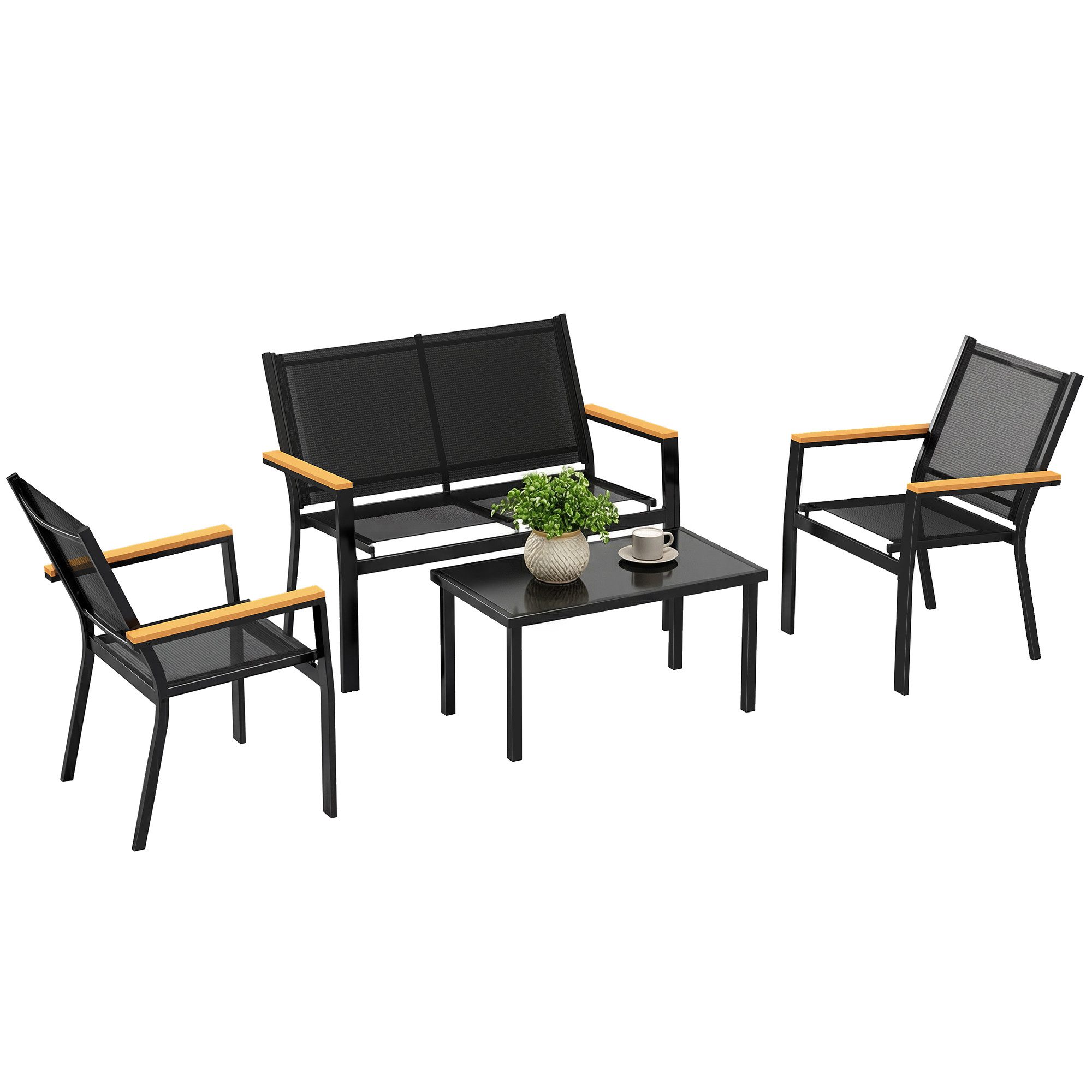 Outsunny Sitzgruppe für 4 Personen mit 2er Sofa Stuhl Beistelltisch, (Gartenlounge, 4-tlg., Gartenmöbel Set), für Garten Balkon Schwarz