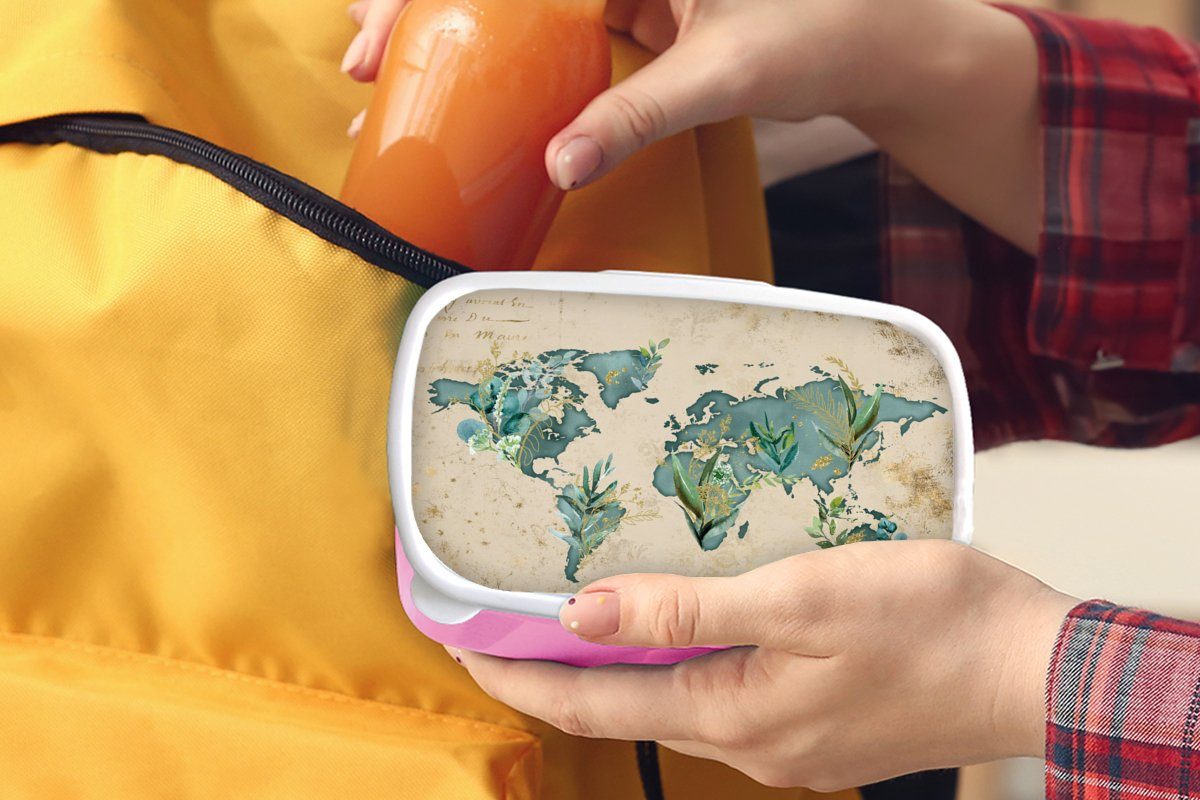 MuchoWow Lunchbox Weltkarte - Kunststoff, Kunststoff Mädchen, für rosa Snackbox, Papyrus Vintage, (2-tlg), Brotdose Brotbox Kinder, - Erwachsene