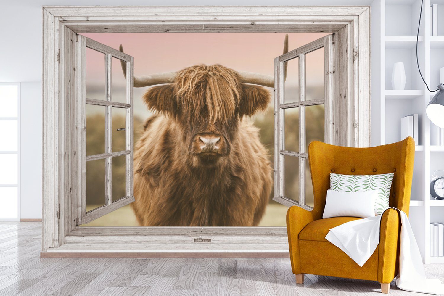 MuchoWow Fototapete bedruckt, Kinderzimmer, Tapete Schlafzimmer, - Scottish - (6 Highlander Matt, Kuh, Vinyl für Wallpaper Ansicht Wohnzimmer, St)