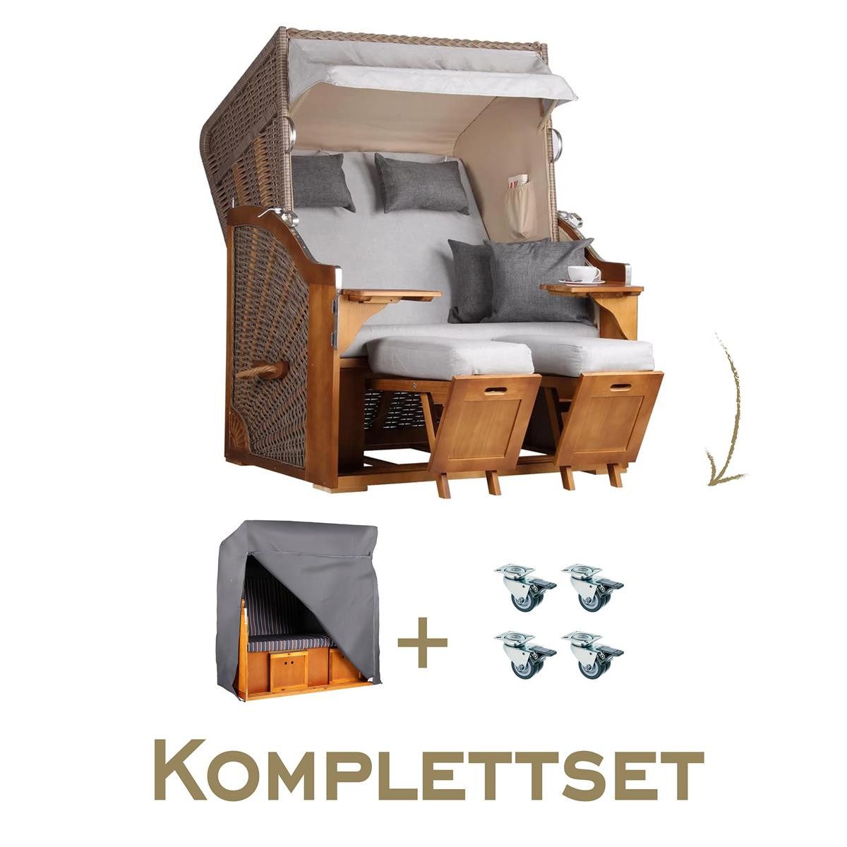 MR.DEKO Strandkorb Komplettset 2-Sitzer Schleswig Pinie PE Mokka + Schutzhülle & Rollen, BxTxH: 0x0x0 cm, 2-Sitzer Komplettset, Schleswig, (Zweisitzer Strandkorb mit Bistrotischen & Подножки), Bereits montiert, UV-beständig, mit Abdeckung & Edelstahl-Beschläge