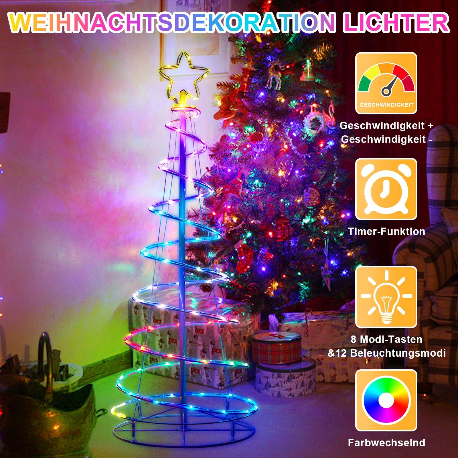 Sunicol LED Baum Weihnachtsbaum Beleuchtung 1.2M/1.5M/1.8M, 12  Beleuchtungsmodi, mit 8 Funktions, Timer