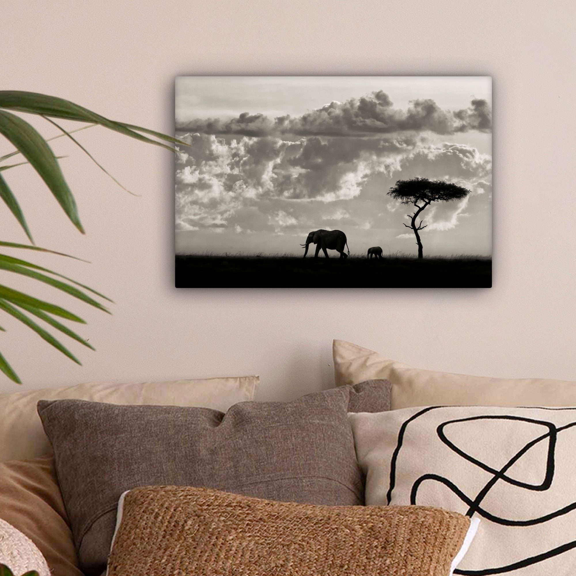 St), Leinwandbilder, (1 - - Leinwandbild Wanddeko, Elefant Natur, - Schwarz OneMillionCanvasses® - 30x20 Wolke Wandbild cm Weiß Aufhängefertig,