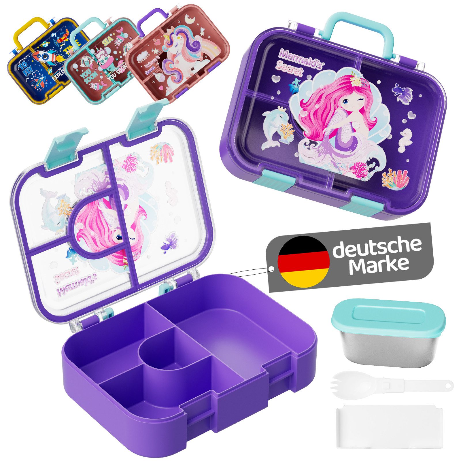 Bundviel Lunchbox Lunchbox Brotdose Kinder mit Fächern Auslaufsichere Bento-Box Brotdose, PP+ABS, (4-tlg., mit Saucenbehälter), spülmaschinenfest, kühlschrankgeeignet und mikrowellenfest
