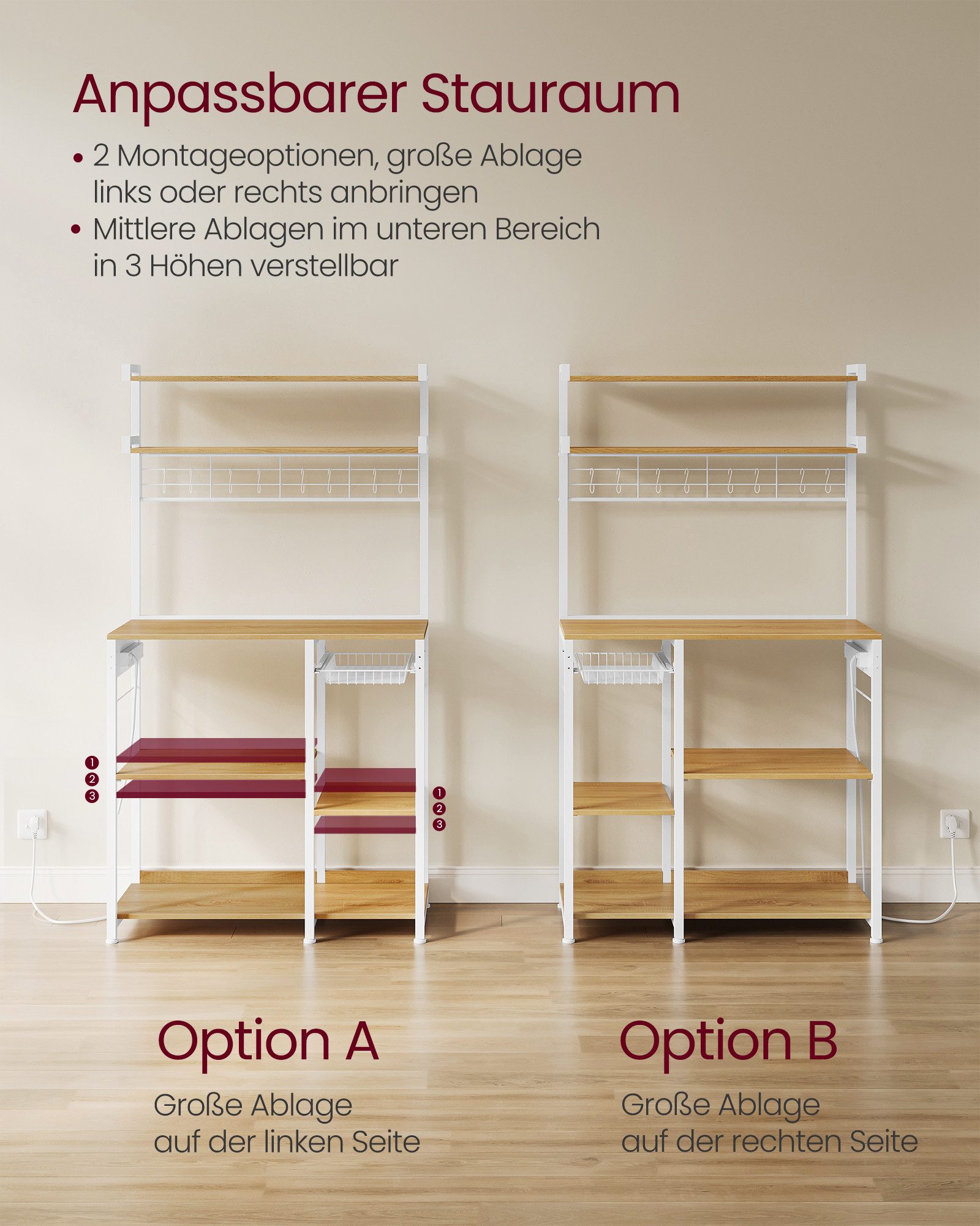 VASAGLE Küchenregal Standregal mit Steckdosen, 8 S-Haken, 40 x 90 x 165,5 cm, Kaffeebar, mit Korb, Bäckerregal, Gewürzregal – Bild 5 von 5