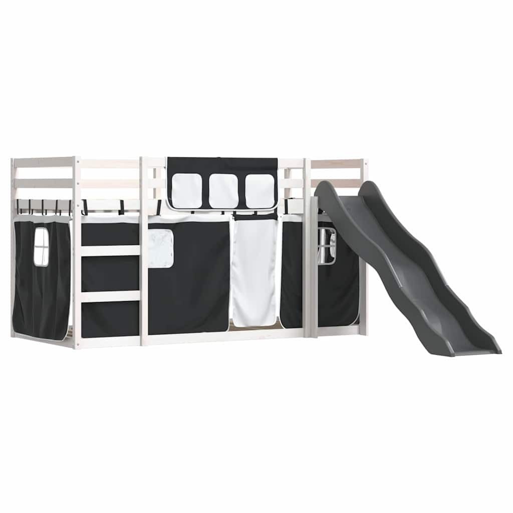 vidaXL Bett Etagenbett mit Rutsche und Gardinen Weiß und Schwarz 90x200 cm