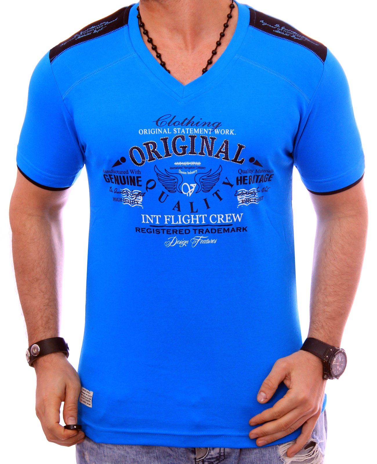 Violento T-Shirt Herren Urlaub Freizeit kurzarm V-Neck V Kragen Farbdruck und Stickerei Slim-Fit Blau