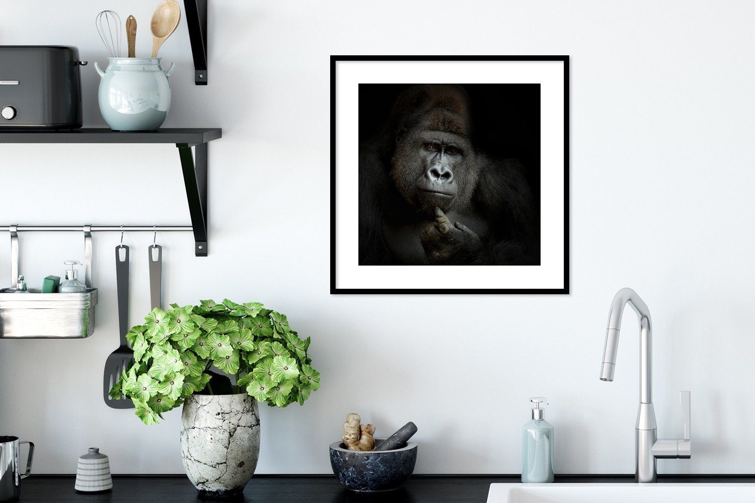 Poster, - Affe - Tiere Poster (1 - St), weiß, Schwarzem und Bilderrahmen Gerahmtes Gorilla Schwarz MuchoWow Bilder, Wanddeko, Wandposter,