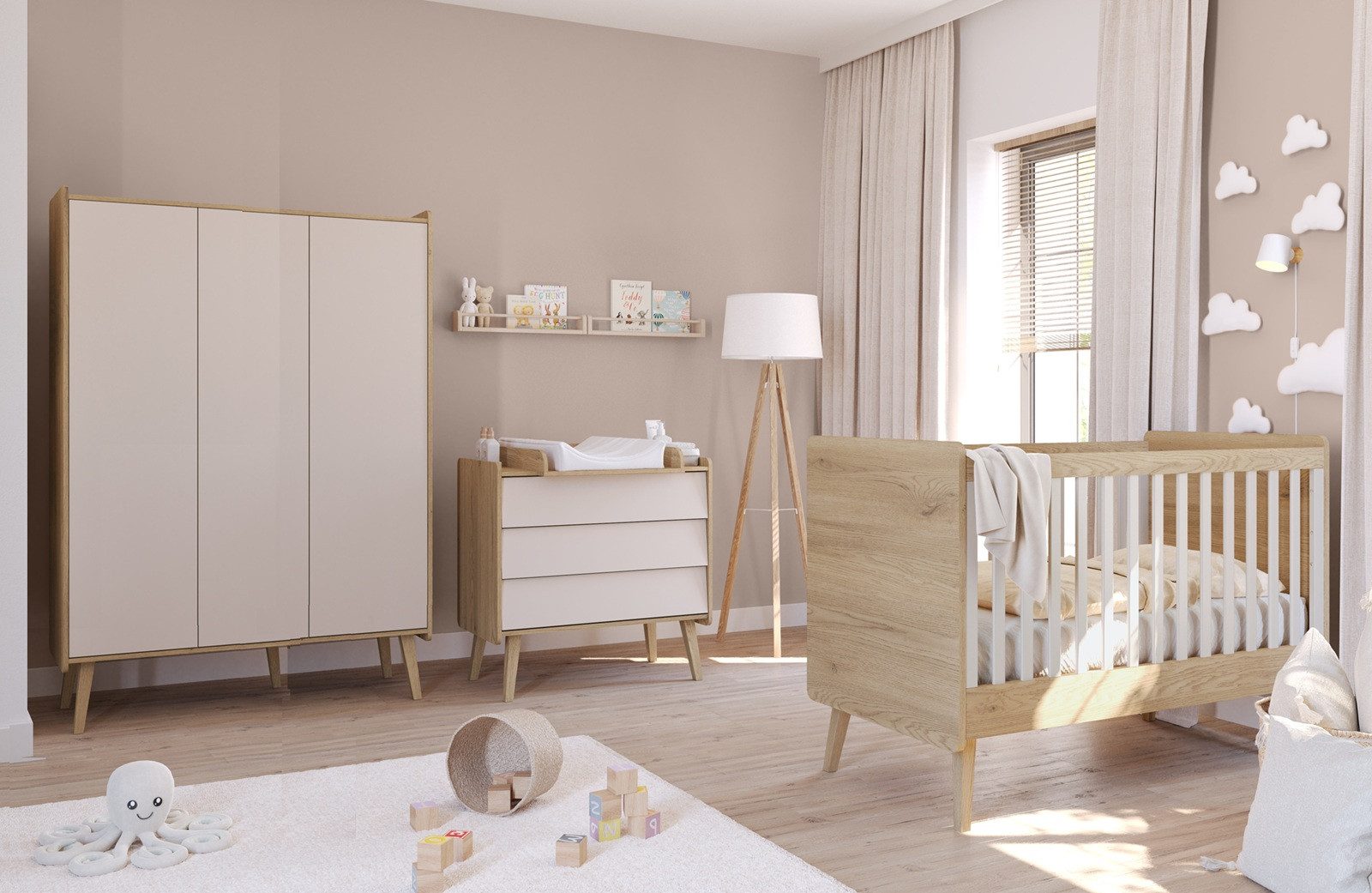 QMM TraumMöbel Babyzimmer-Komplettset Babyzimmer Vienna fresh komplett Set B, (Set, 4-tlg., Schrank 3-türig, Kommode plus Wickelaufsatz, Baby- / Kinderbett 140x70)