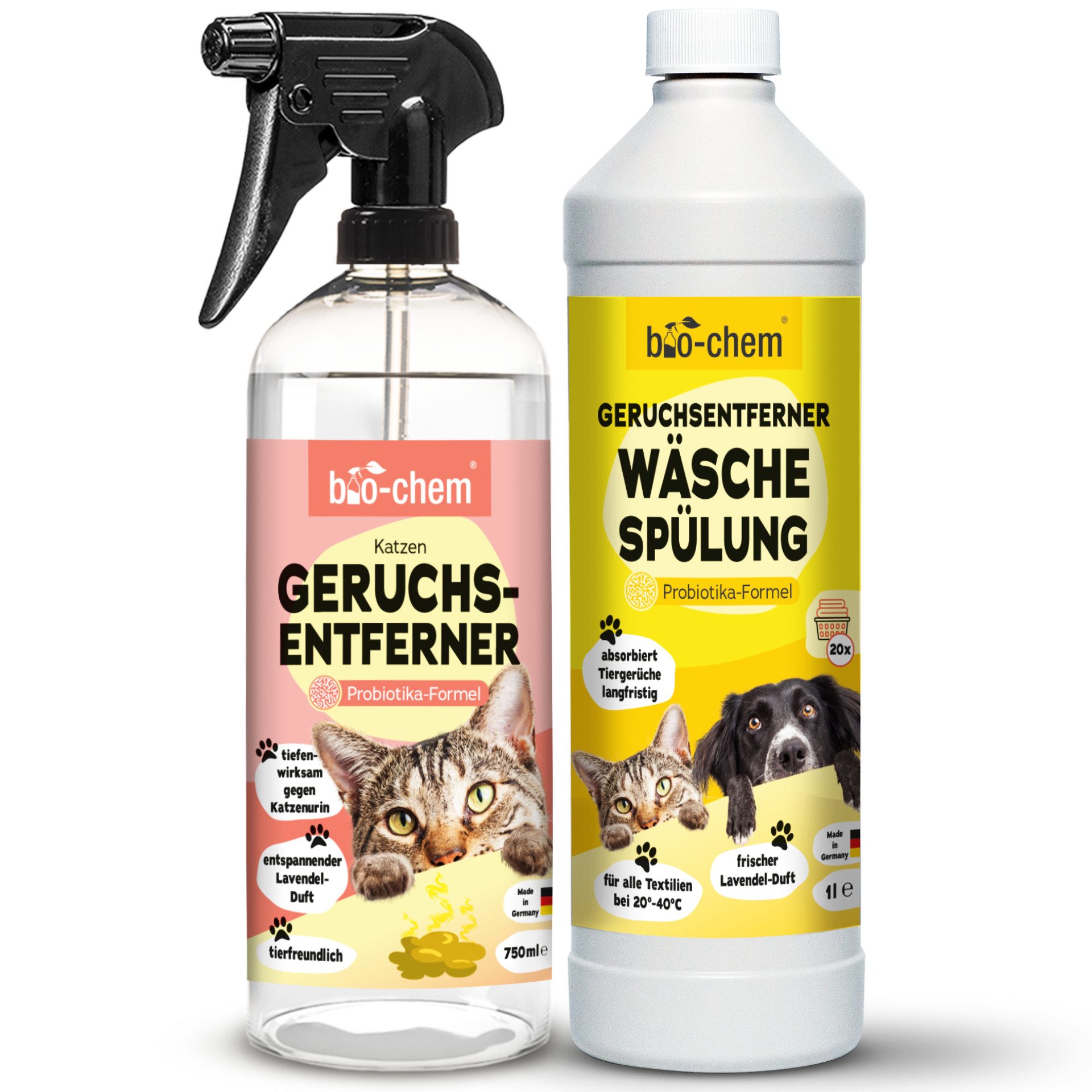 bio-chem Geruchsentferner Enzymreiniger Katzenurin 750 ml mit Mikroorganismen gegen Tiergerüche (Geruchsentferner Katze 0.75 l + Geruchsentferner Wäschespülung 1 L)