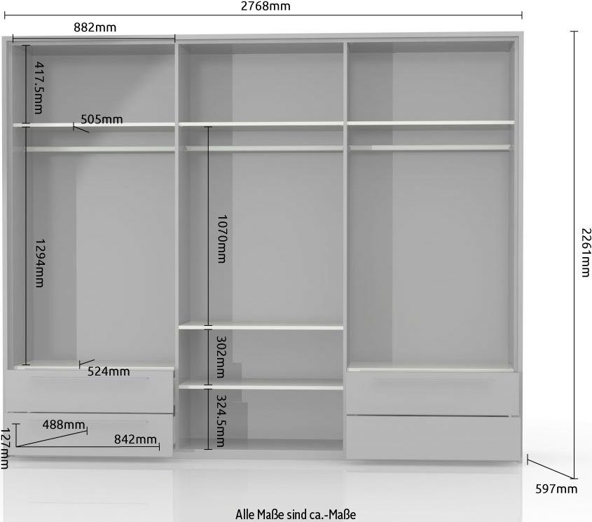 OTTO home Drehtürenschrank Piano, inklusive Rahmen und Beleuchtung, soft-close-Funktion (277 oder 322cm breit, 226cm hoch, mit 4 Schubladen) UV lackiert, hochglänzend weiß oder beige, FSC-zertifiziert