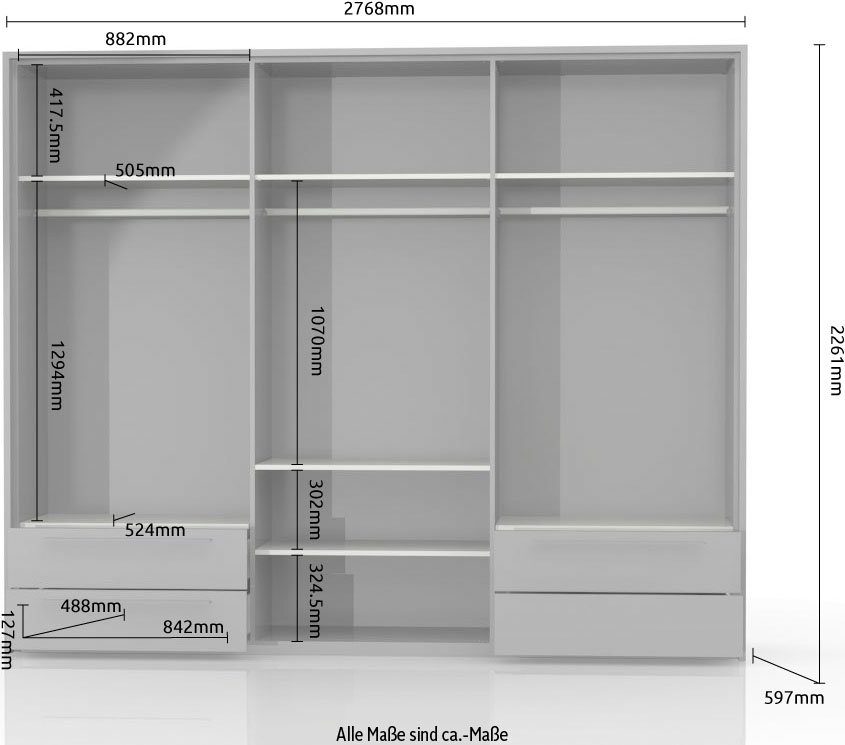 of hochglänzend, Schubladen 2 in 4 Kleiderschrank Style jeweils lackiert, Piano Breiten mit Places UV