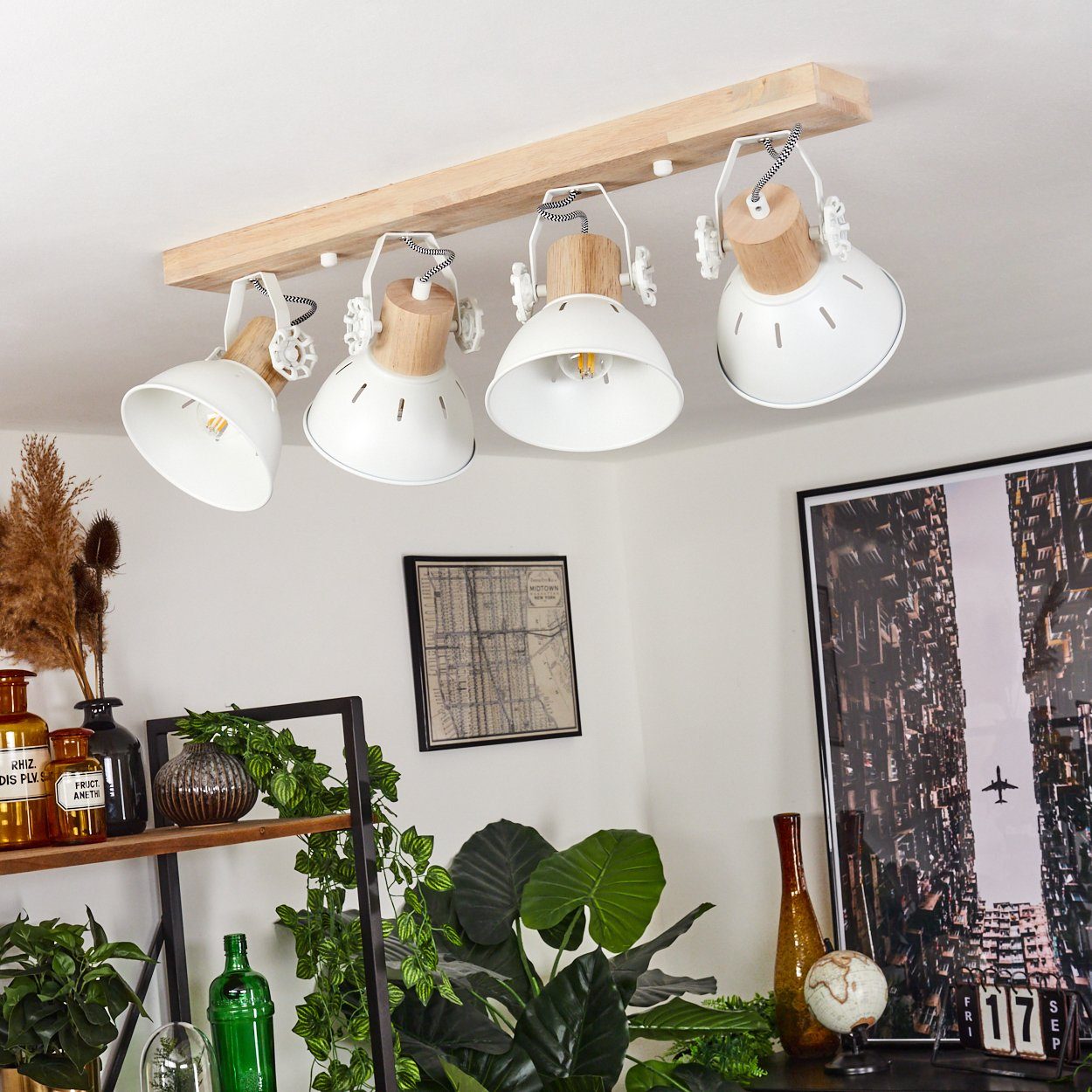 Vintage-Design mit Metall/Holz Strahlern,E27 Retro-Leuchte ohne Leuchtmittel, im in »Cotes« Deckenleuchte Weiß/Natur, Deckenlampe Holzbalken,verstellbaren hofstein aus