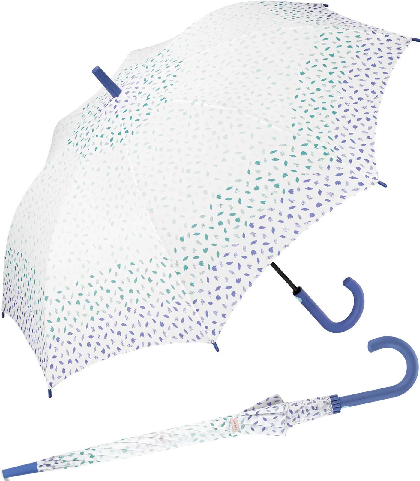 Esprit Stockregenschirm großer Regenschirm für Damen mit Auf-Automatik, zarte Blütenblätter in farblicher Abstufung - blau