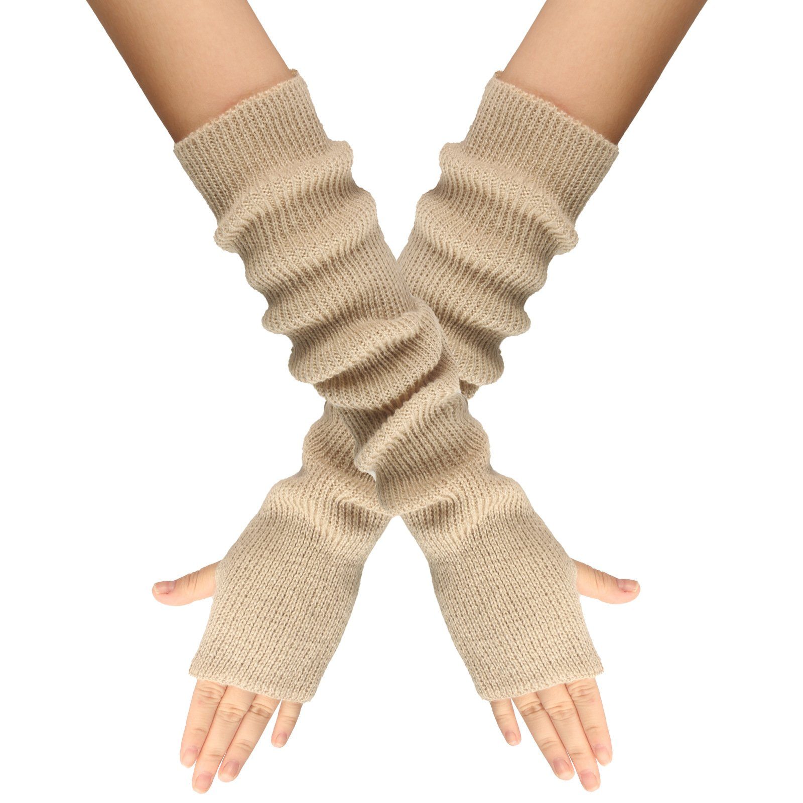 XDeer Strickhandschuhe 2 mit für Halbfingerhandschuhe Lange Handschuhe,Winter Stricken Paar Fingerlose gray+beige Damen Daumenloch Armstulpen