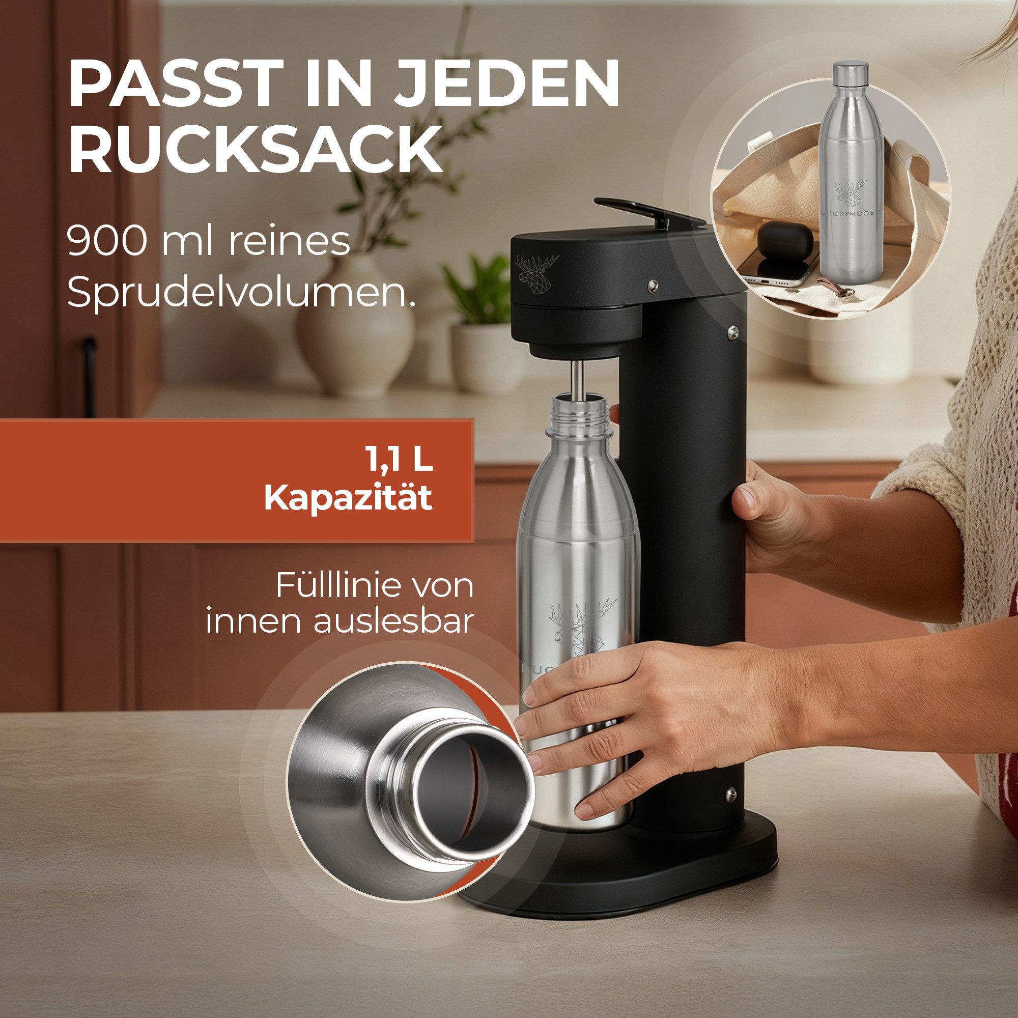 Luckymoose Wassersprudler Flasche Infinity Edelstahlflasche Wassersprudler, (für SodaStream DUO & TERRA), Spülmaschinenfest & ohne Ablaufdatum