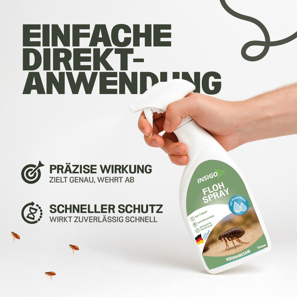 INSIGO Insektenspray Anti Floh-Spray Floh-Mittel Ungezieferspray, 0.5 l, biozidfreie Formel, auf Wasserbasis, geruchsarm, brennt / ätzt nicht