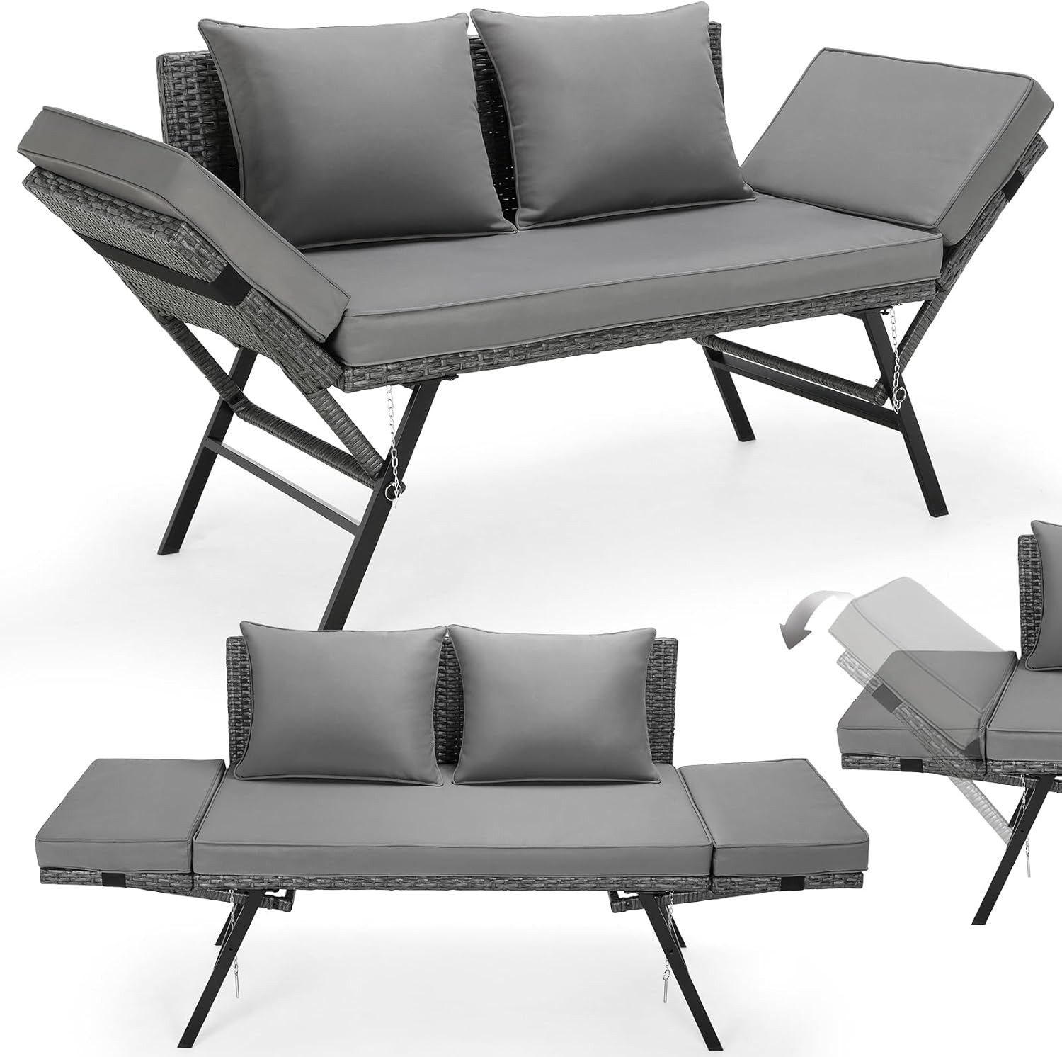 TLGREEN Gartenbank mit Liegefunktion, Wetterfest UV-beständig Rattan Gartensofa (2 Personen Einfache Umwandlung, Polyrattan Sitz-Liege 2-Sitzer Abnehmbare Kissenbezüge), Grau/Beige – Platzsparend & Stabil