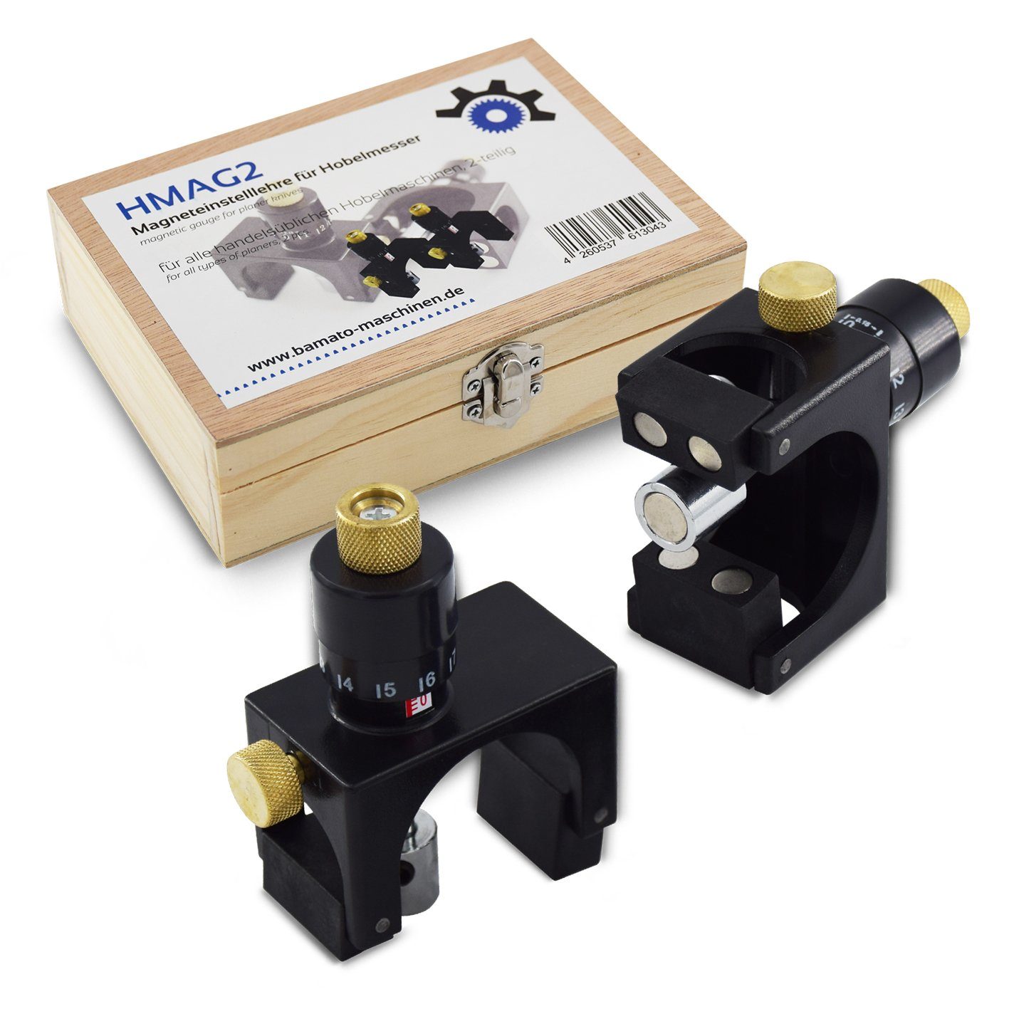 BAMATO Hobelmesser HMAG2, Magneteinstelllehre, 2 Einstelllehren in Holzbox