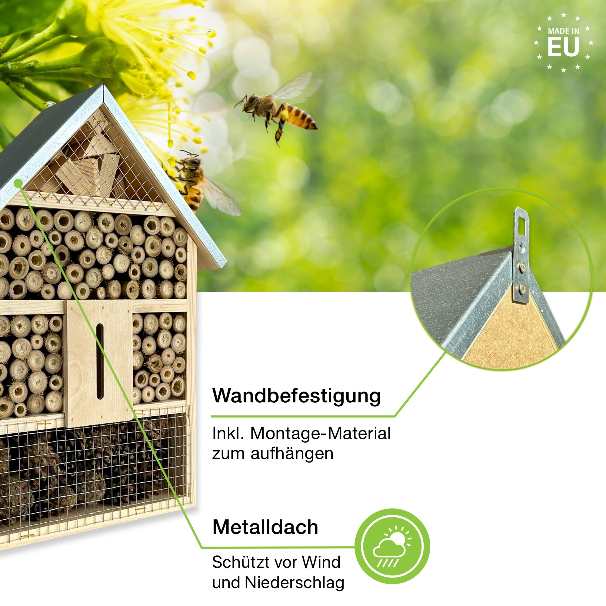 gartenetage Insektenhotel Natürliches Insektenhotel XL für Garten & Terrasse, Wetterfest, Metalldach und Bambus – Nistkasten für Wildbienen & Co