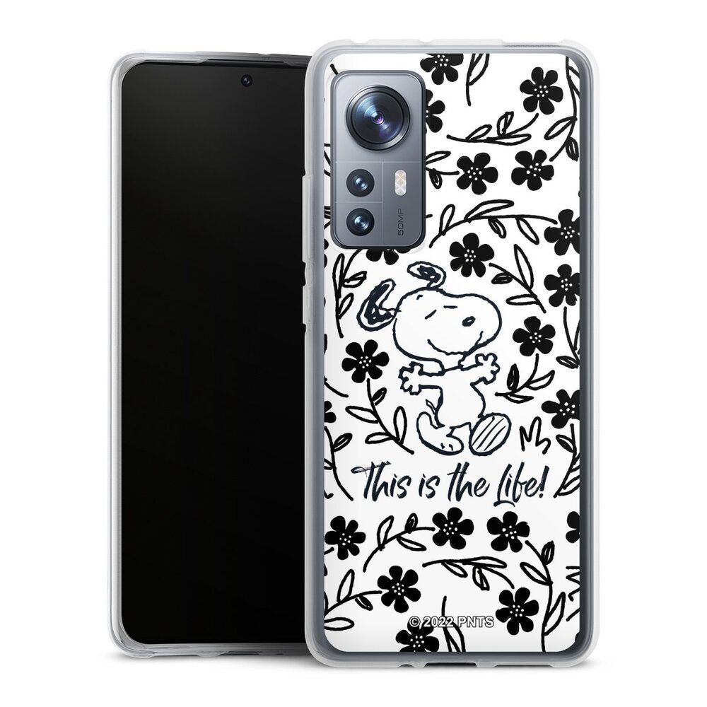 DeinDesign Handyhülle Peanuts Blumen Snoopy Snoopy Black and White This Is The Life, Xiaomi 12 5G Silikon Hülle Bumper Case Handy Schutzhülle