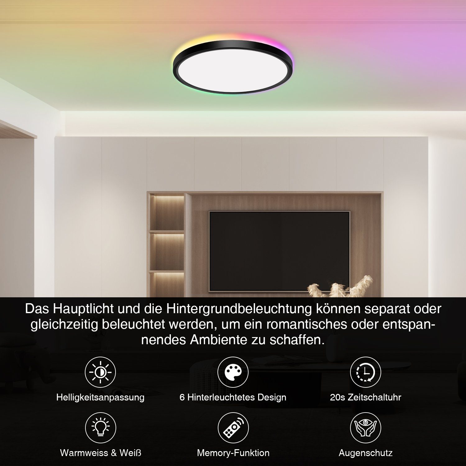 Bürolampe Flur LED Lospitch Weiß Schlafzimmer 24W Küchen BACKLIGHT LED RGB Deckenleuchte Deckenleuchte