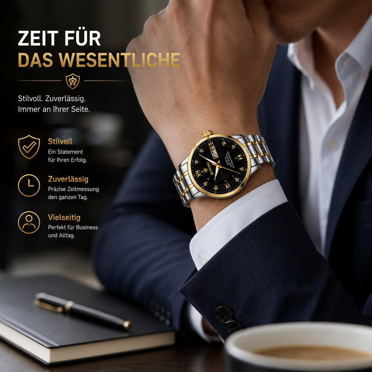 Fyrove Quarzuhr Herrenuhr Chronograph 44 mm mit Edelstahlarmband, Datum & Wochentag, (Leuchtzeigern, Mineralglas, Quarzwerk, 30 m spritzwassergeschützt, Uhrenbox), Chronograph, Datum, Wochentag, Leuchtfunktion