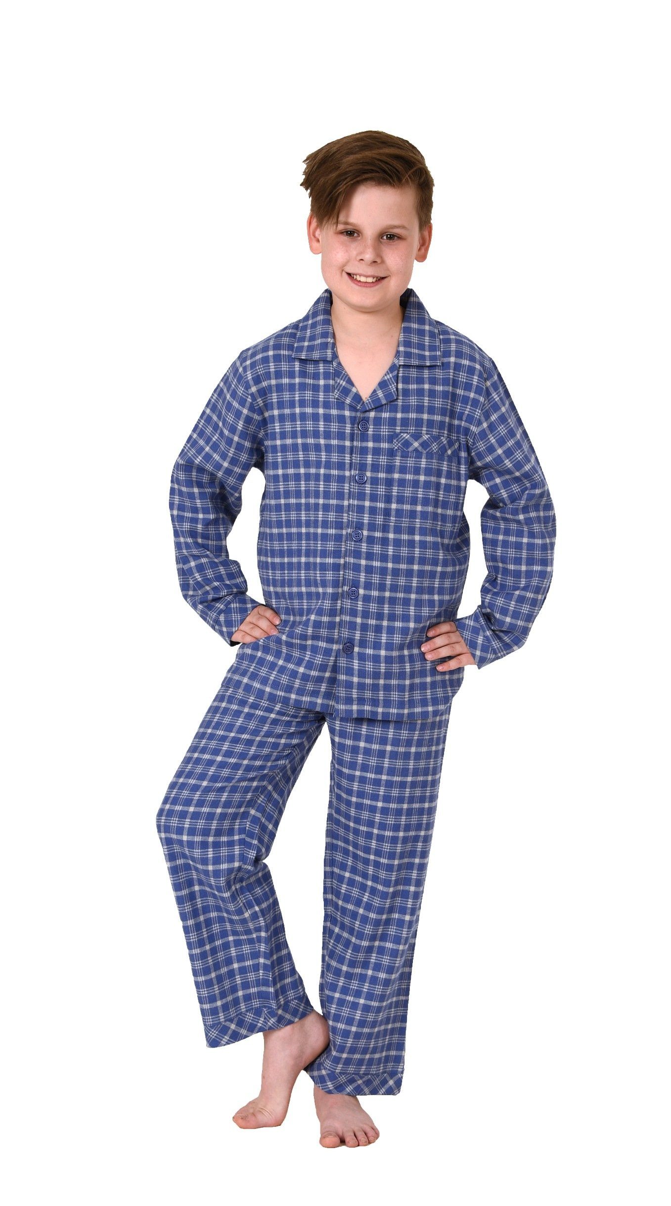 Normann Pyjama Jungen Flanell Pyjama langarm Schlafanzug in Karo Optik zum knöpfen blau