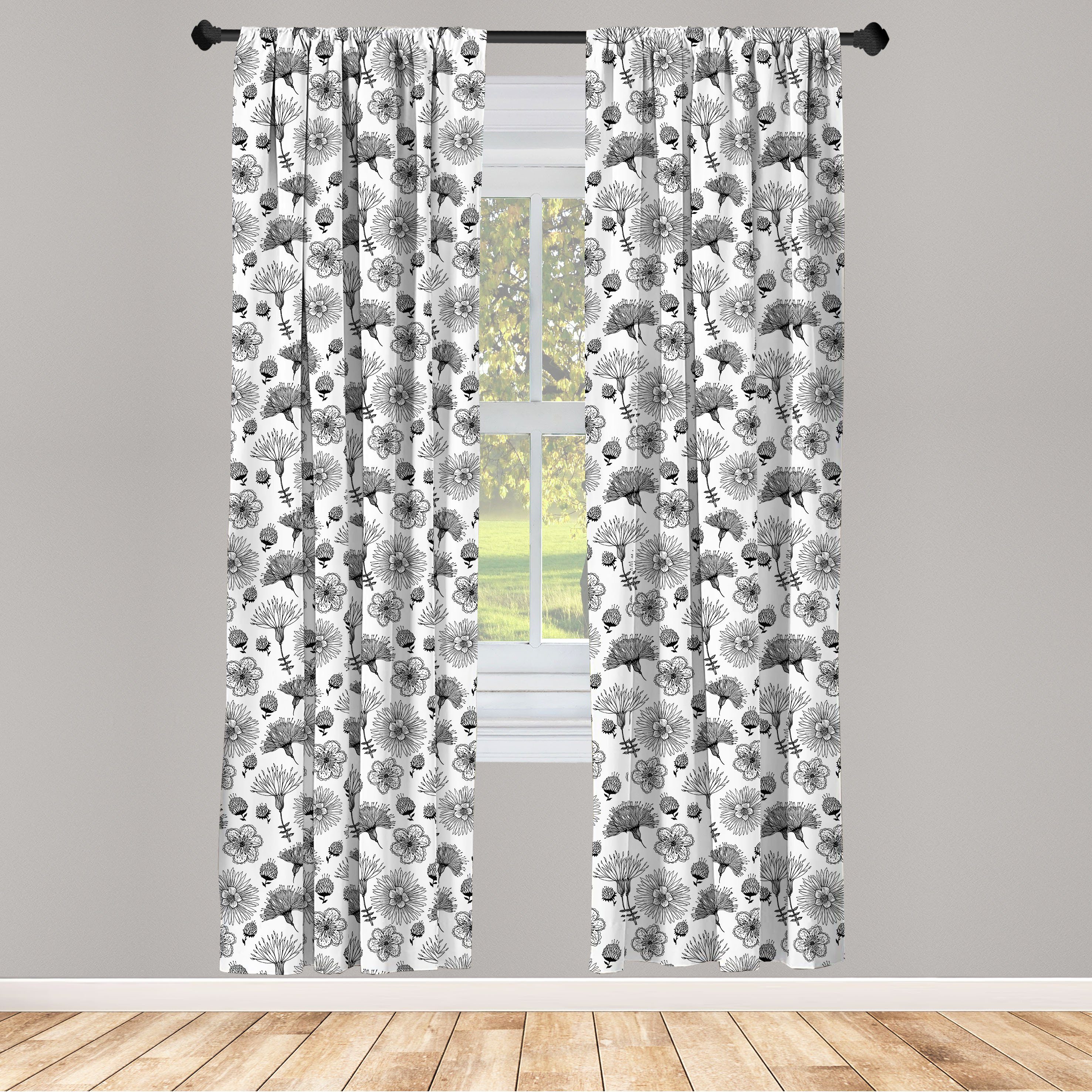 Gardine Vorhang für Wohnzimmer Schlafzimmer Dekor, Abakuhaus, Microfaser, Blumen Charcoal Blick Blumen-Skizze