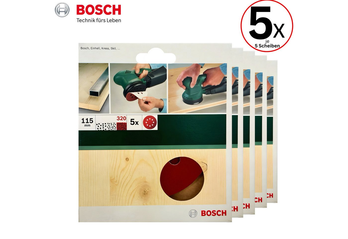 Thumbnail - BOSCH Schleifpapier C445 Schleifblätter, 115mm Durchmesser, P320 Körnung fein, (8 Löcher), 5 x 5er Pack (Insg. 25 Schlei...