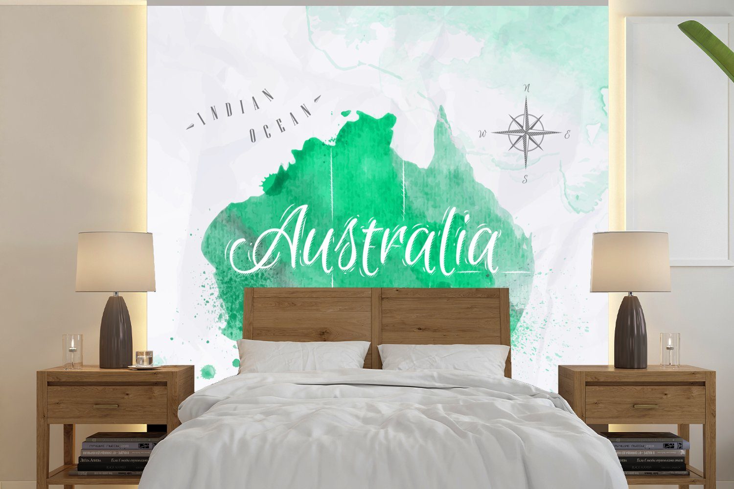 MuchoWow Fototapete Australien - Weltkarte - Aquarell, Matt, bedruckt, (4 St), Vliestapete für Wohnzimmer Schlafzimmer Küche, Fototapete
