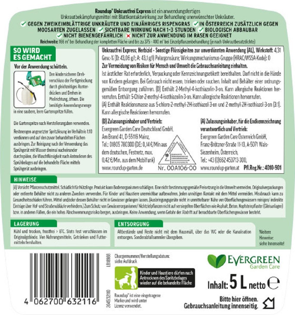 ROUNDUP Unkrautbekämpfungsmittel Roundup Express Unkrautfrei Anwendungsfertig 5 L Kanister