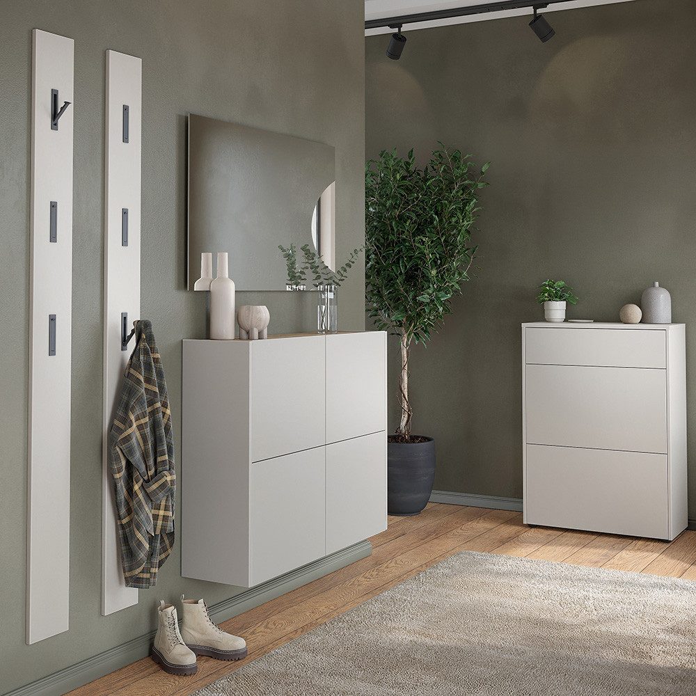Lomadox Garderoben-Set BAIANO-01, (Spar-Set, 5-St., Garderobenspiegel Schuhschränke Garderobenpaneele), in beige und Eiche, grifflos, Push-to-Open