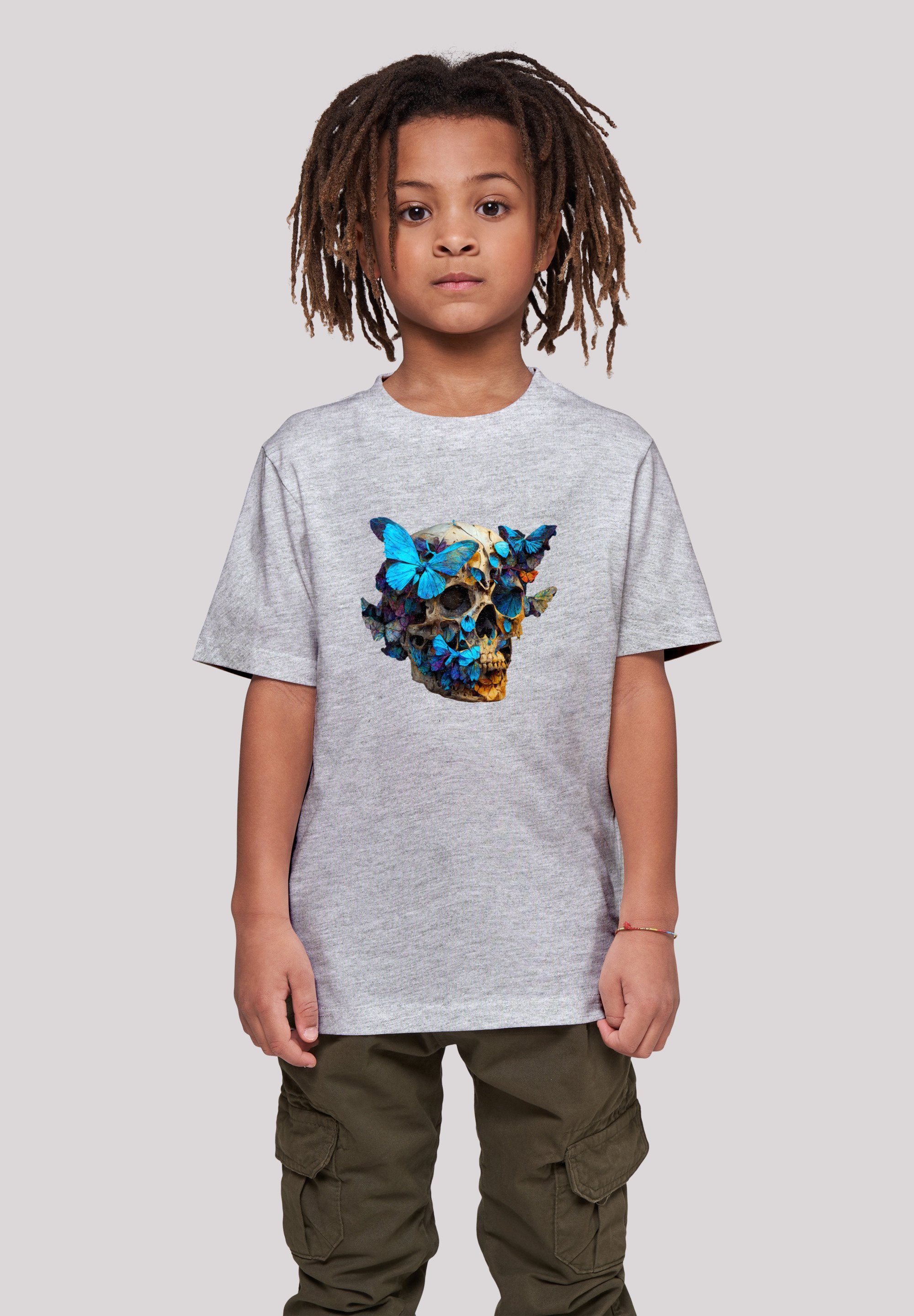 F4NT4STIC T-Shirt Schmetterling Skull TEE UNISEX Print heather grey