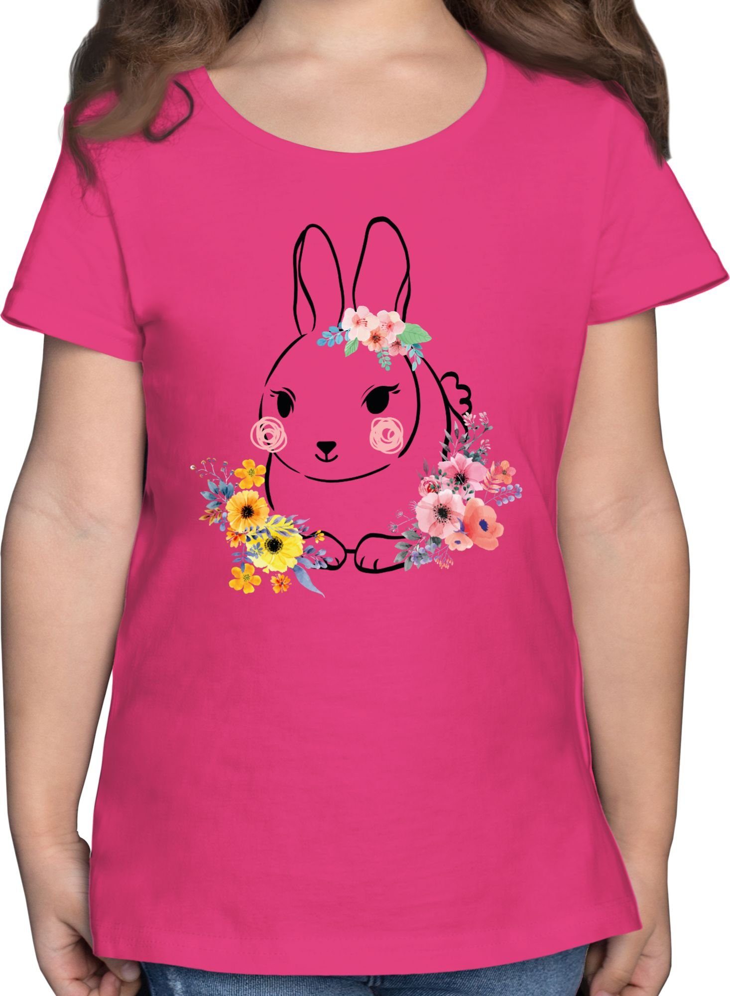 Shirtracer T-Shirt Hase - Blumen Geschenk Ostern 1 Fuchsia