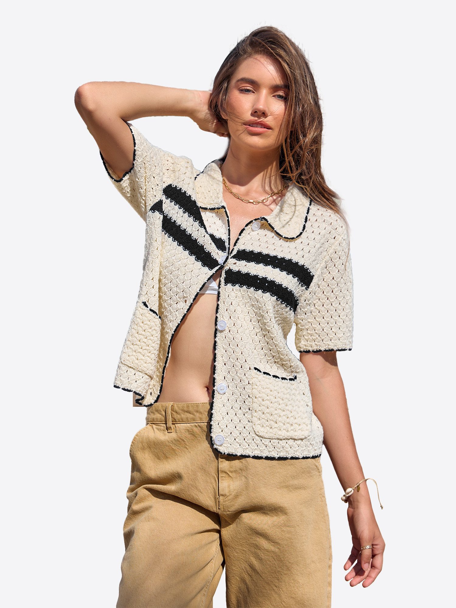 Imily Bela Cardigan Damen Kurzarm mit Lochmuster Polokragen und Kontraststreifen Sommer (Packung, 1-tlg., 1per-Pack) gehäkelt mit Spitze