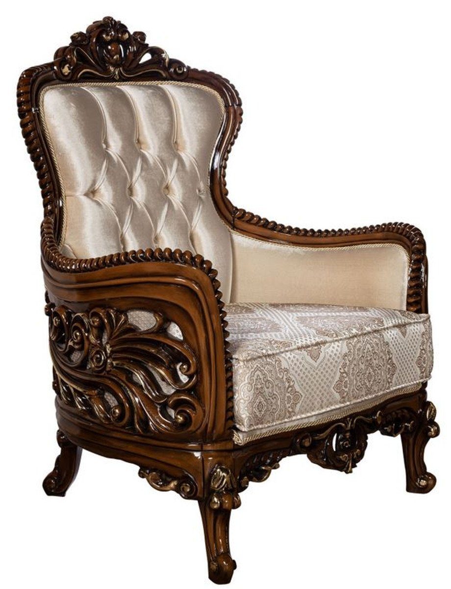 Casa Padrino Sessel Luxus Barock Sessel Beige / Braun / Gold - Prunkvoller Wohnzimmer Sessel mit elegantem Muster - Barock Wohnzimmer Möbel