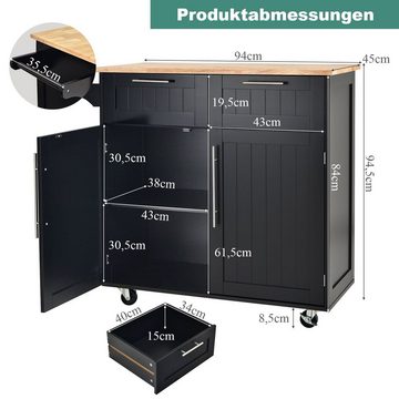 COSTWAY Küchenwagen mit Arbeitsplatte, Schubladen, Rollen, 94x45,5x94,5cm