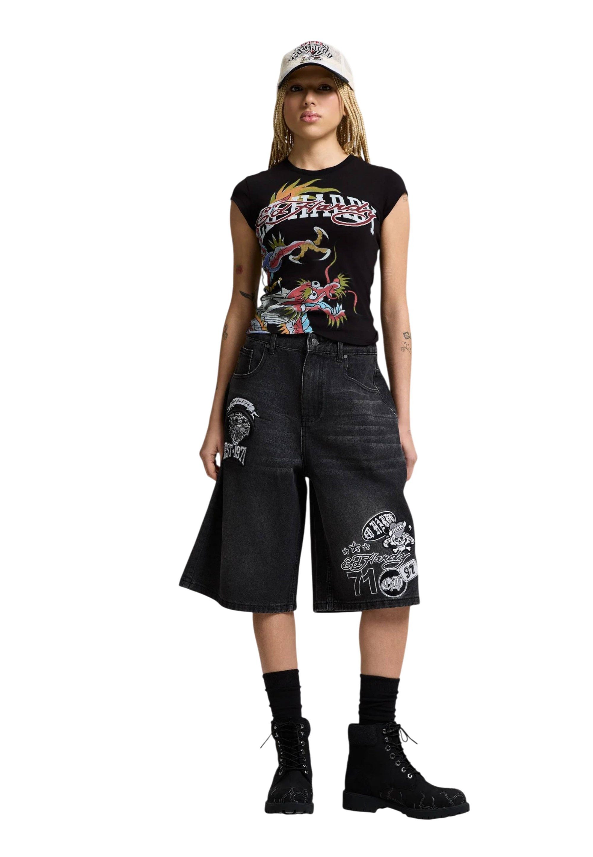 Ed Hardy 3/4-Jeans Short Ed Hardy Multi Badge Tattoo black Stickerei