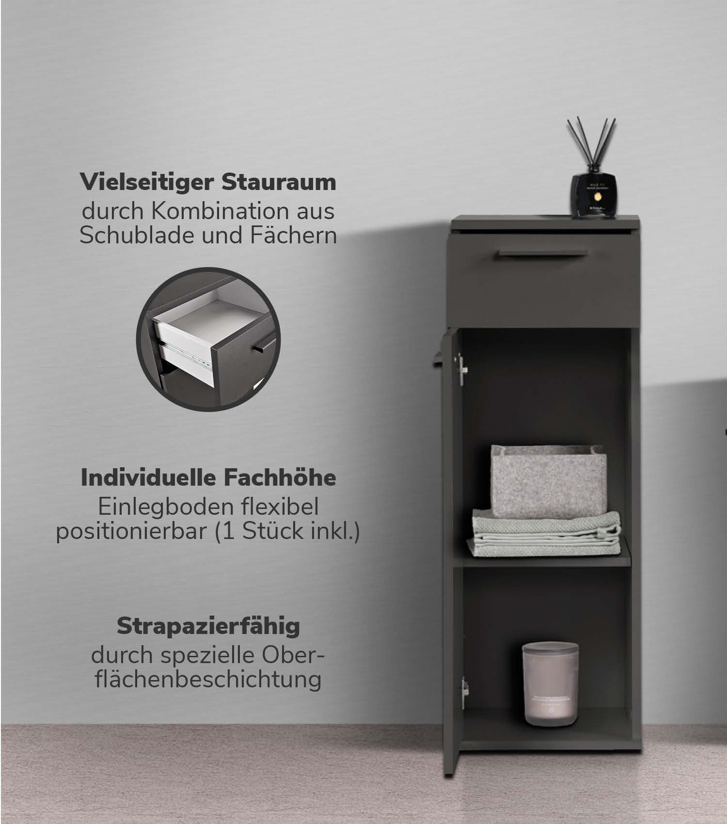 mokebo Midischrank Der Matrose (91x33x34 cm, mit Einlegeboden & Schublade) schmaler Badschrank, Badezimmerschrank in Anthrazit Schwarz – Bild 2 von 5