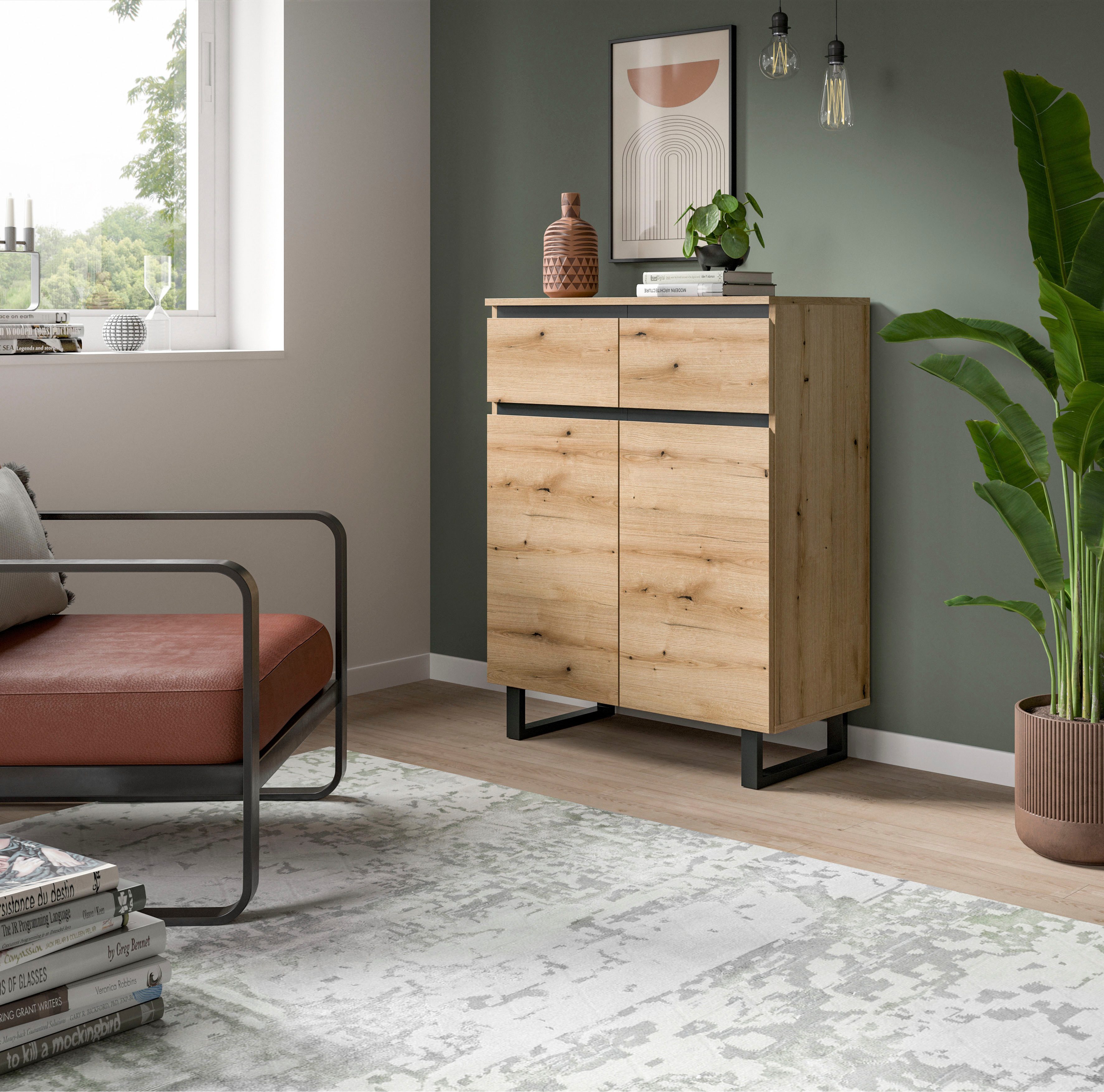 Home affaire Kommode TOMA, Höhe: 99cm, mit Metall-Kufen-Fuß, 2 Türen, 2 Schubkästen, Anrichte, Sideboard, Schrank, Board, Highboard