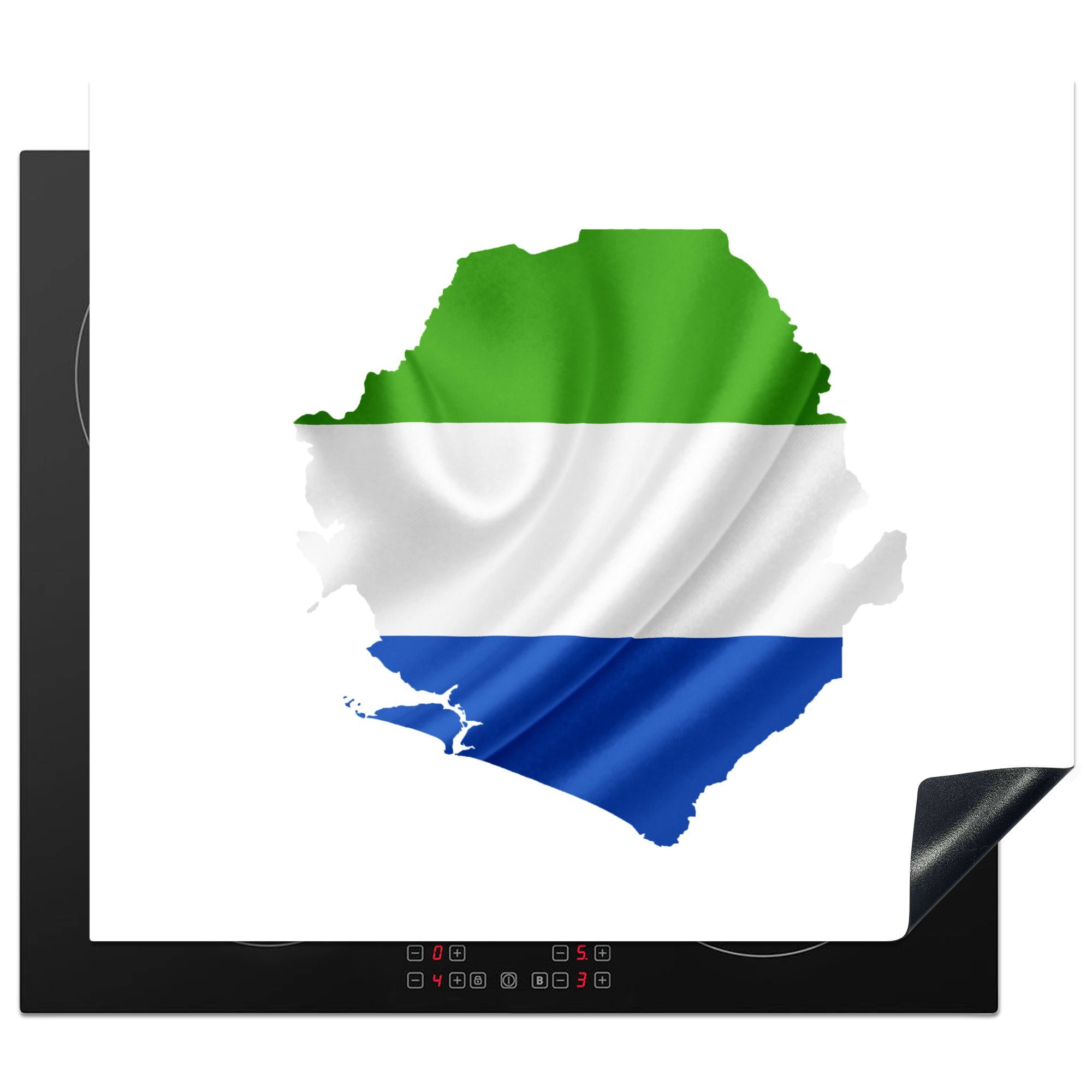 MuchoWow Herdblende-/Abdeckplatte Illustration der Flagge von Sierra Leone in der Form des Landes, Vinyl, (1 tlg), 60x52 cm, Mobile Arbeitsfläche nutzbar, Ceranfeldabdeckung