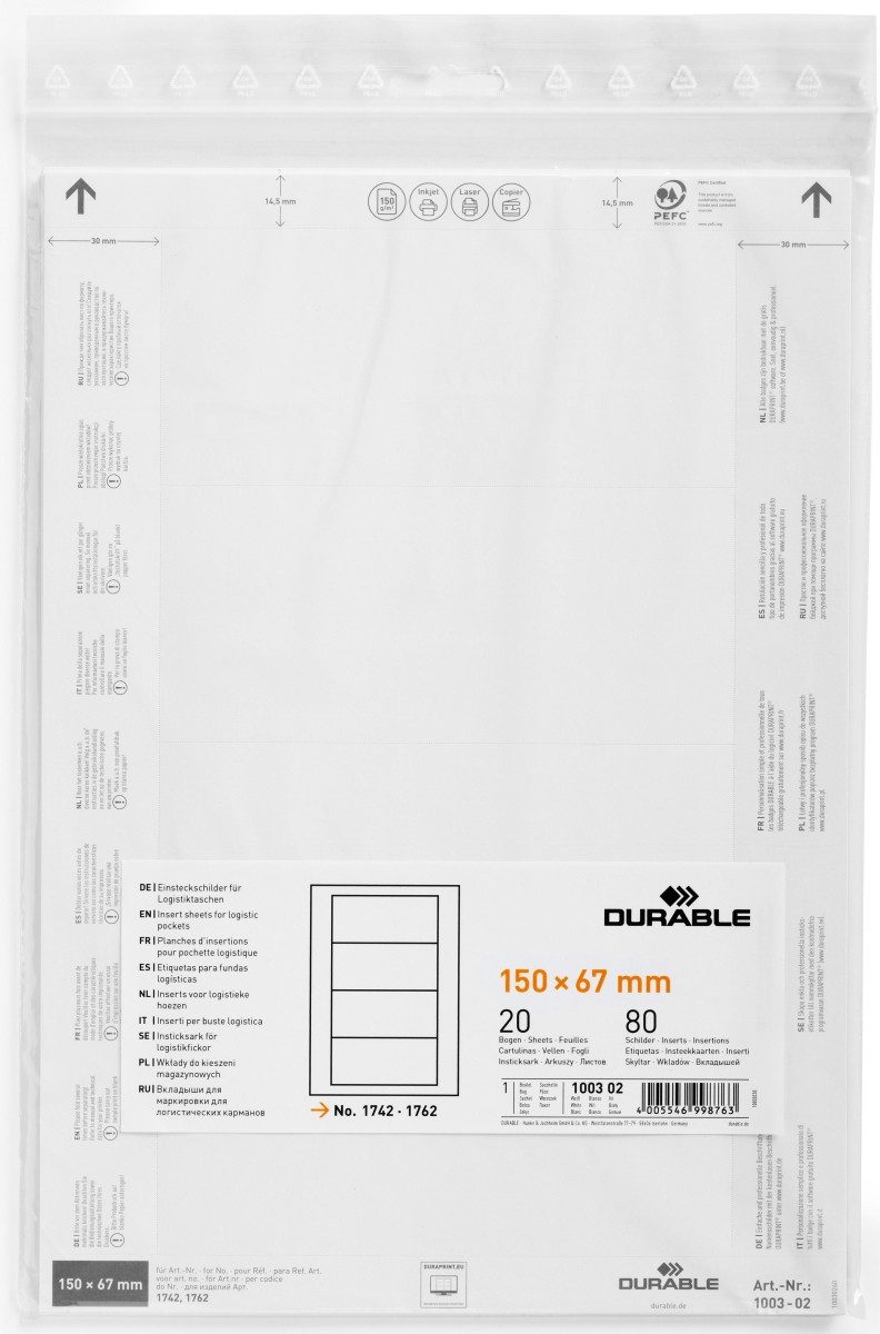 Fächermappe Einsteckschild für Logistiktasche 150x67mm weiß Beutel VE=80 Stück