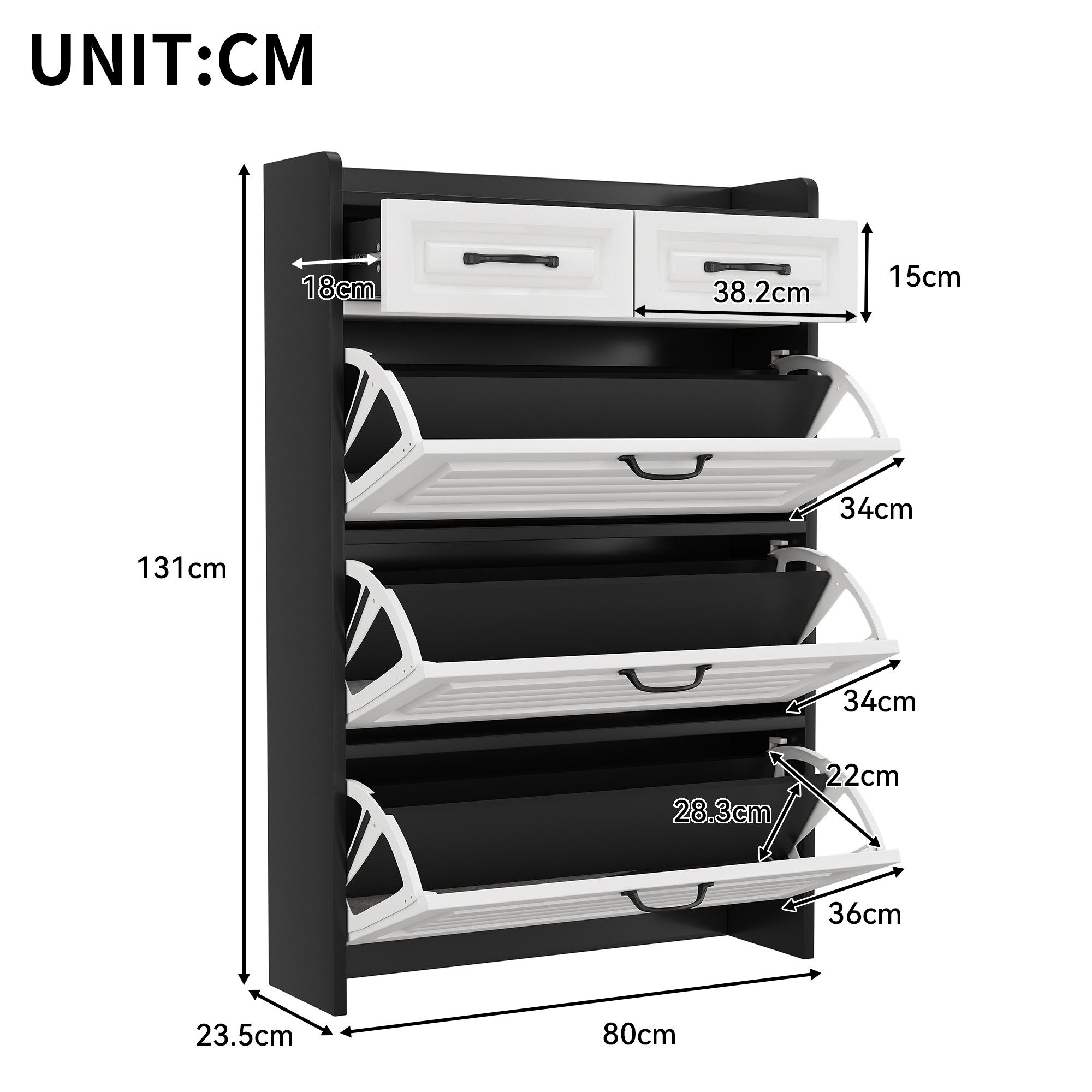 IDEASY Schuhschrank Schuhschrank mit 3 Klappen und 2 Schubladen aus Holz (3 umklappbare Schuhregale, bietet Platz) für 18–24 Paar Schuhe, Metallgriff