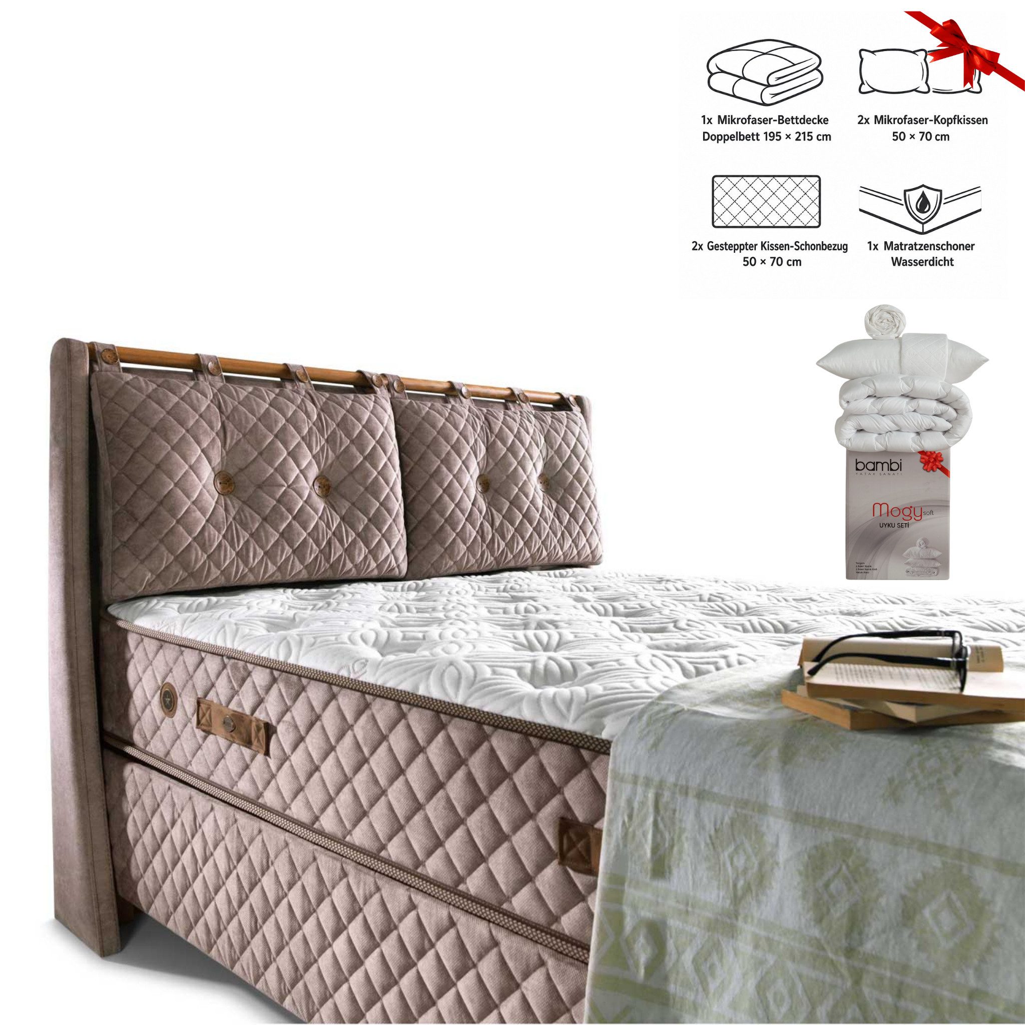 Bambi Boxspringbett Schlafzimmer Set Boxspringbett 180x200 - 140x200 Bamboo Sleep (Set, 2 Bettkästen + Kopfteile + Matratze), Stauraum bett