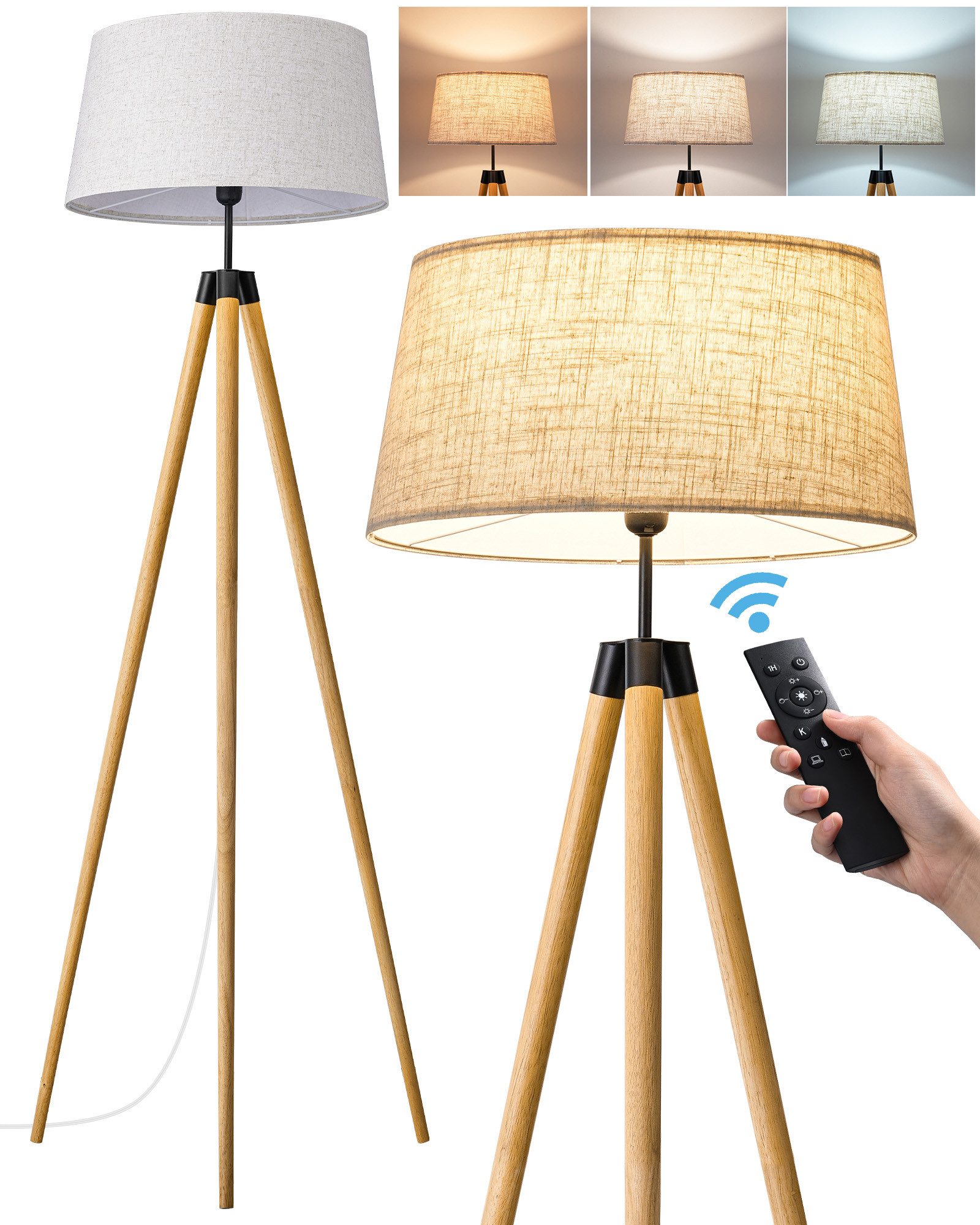 EDISHINE Stehlampe Wohnzimmer Dimmbar, LED wechselbar, warmweiß, Stehleuchte Stativ aus Holz, Fernbedienung Steuerung