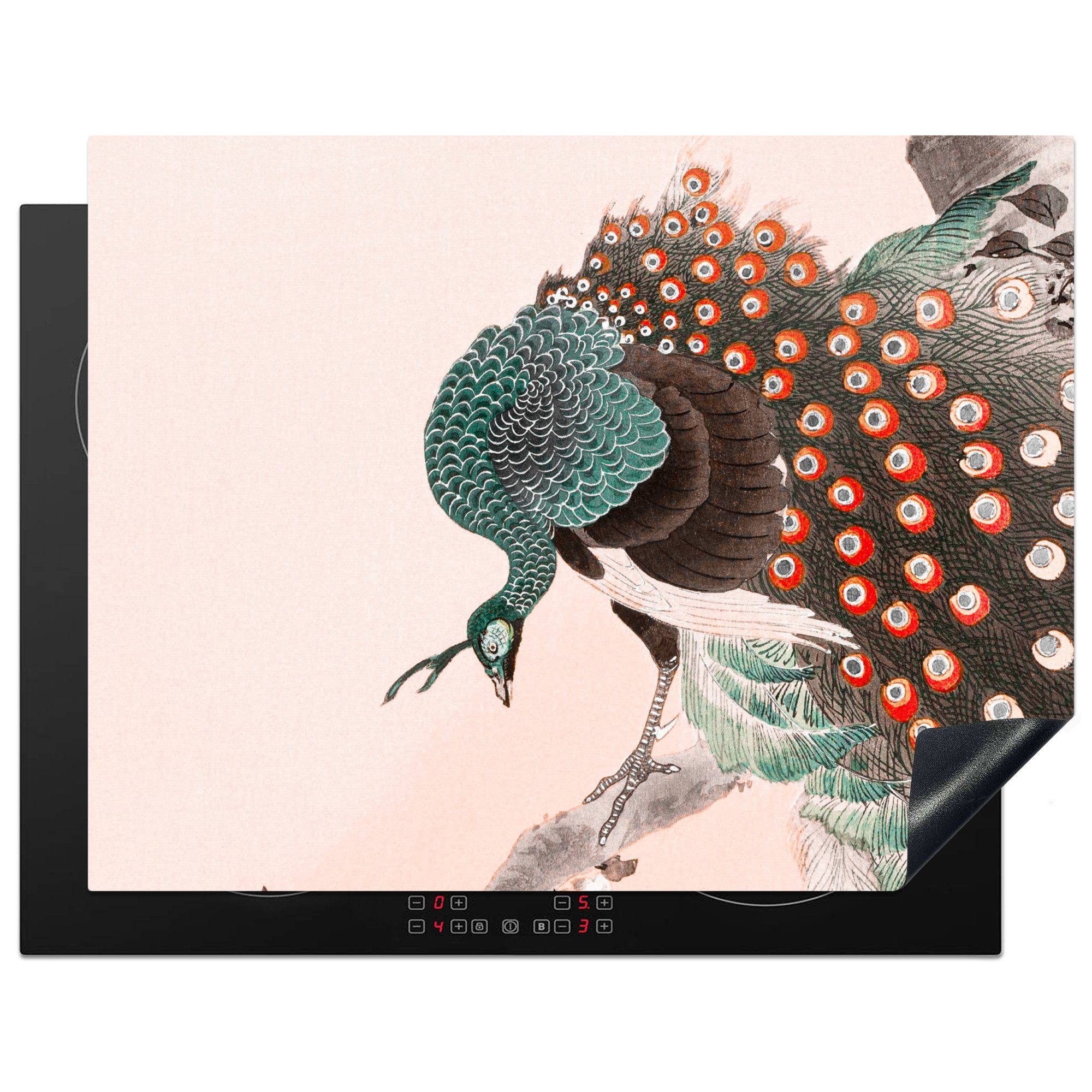 MuchoWow Herdblende-/Abdeckplatte Pfau - Federn - Vintage - Japanisch - Skandinavisch, Vinyl, (1 tlg), 77x59 cm, Ceranfeldabdeckung, Arbeitsplatte für küche